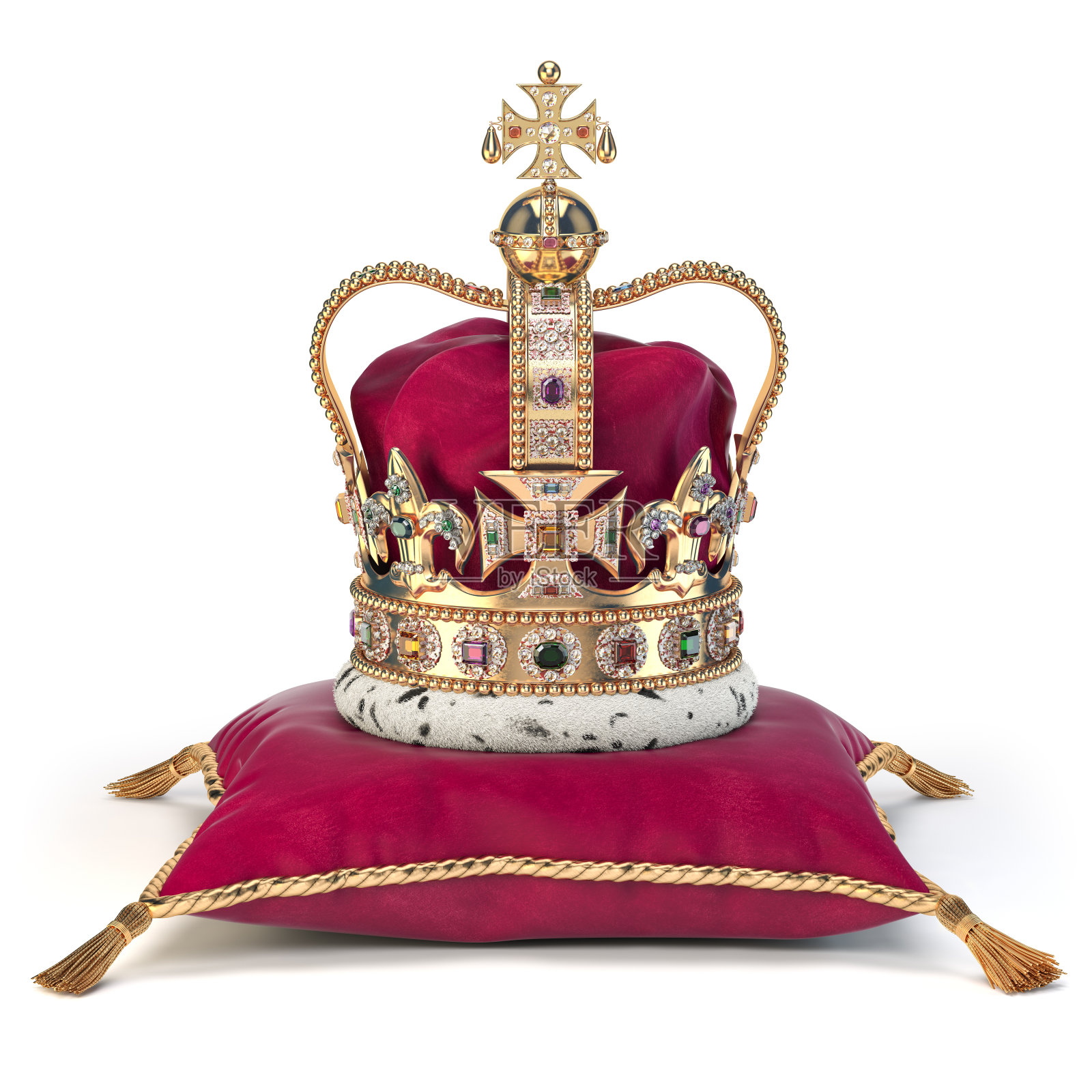 加冕礼上的金色皇冠，红色天鹅绒枕头。王室是英国君主制的象征。照片摄影图片