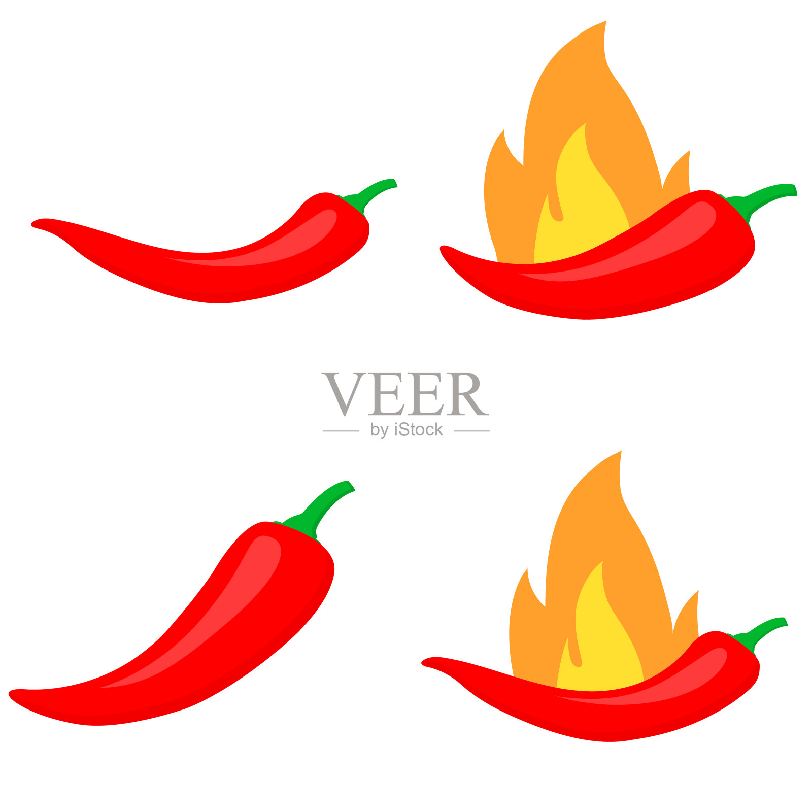辣椒胡椒。火辣辣的辣椒荚，燃烧红辣椒图标，孤立在白色背景设计元素图片