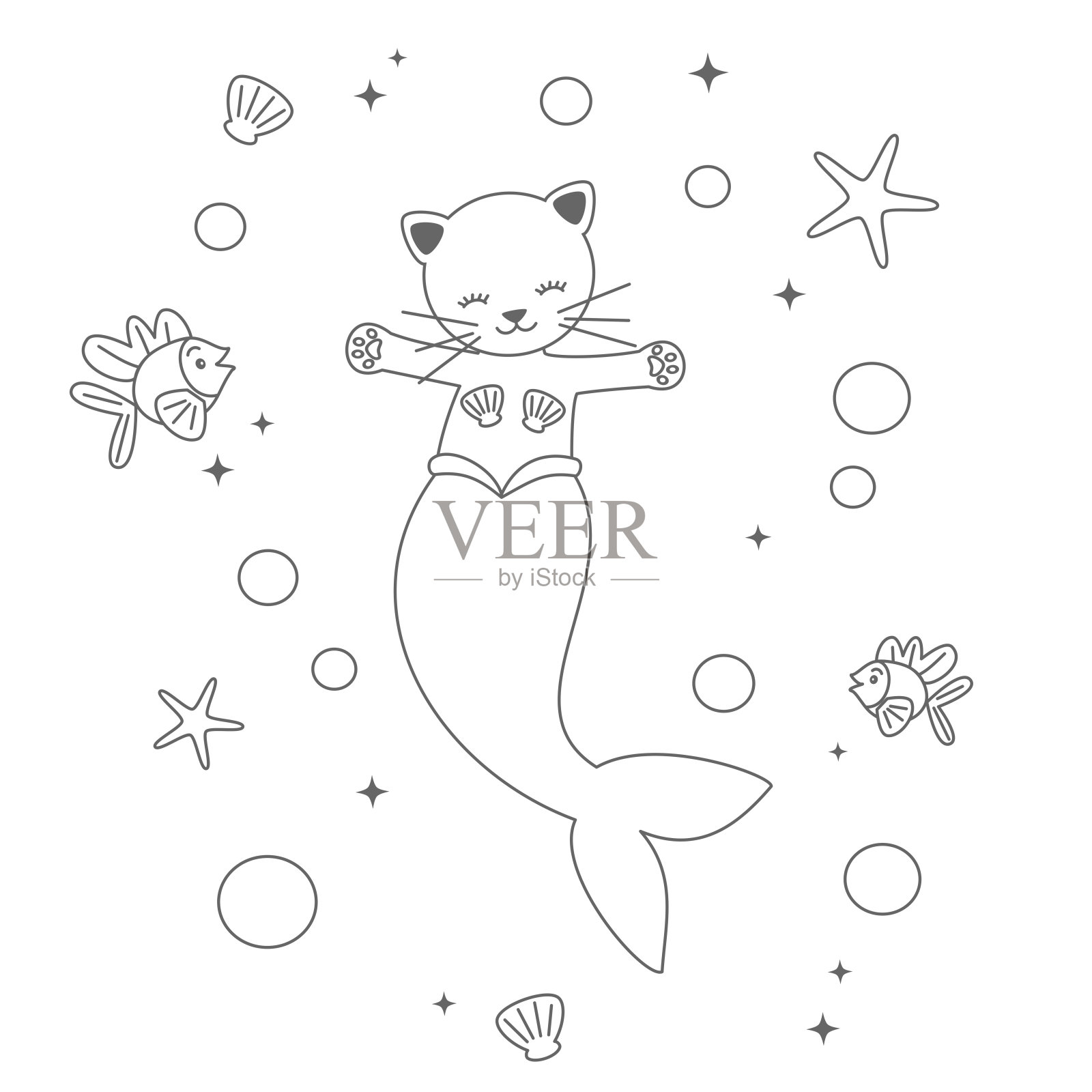 可爱的卡通黑白美人鱼猫下海矢量搞笑插画为上色艺术插画图片素材