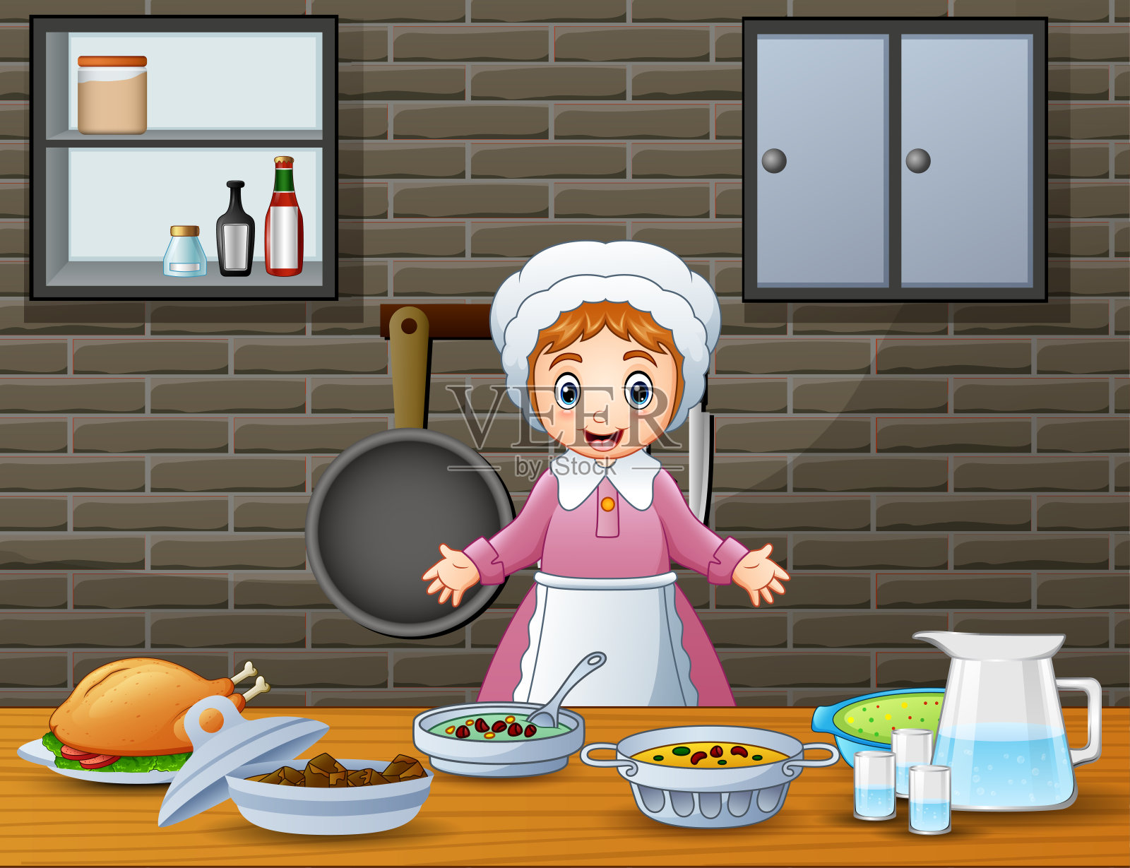 可爱开朗的女人在厨房做饭和准备食物插画图片素材