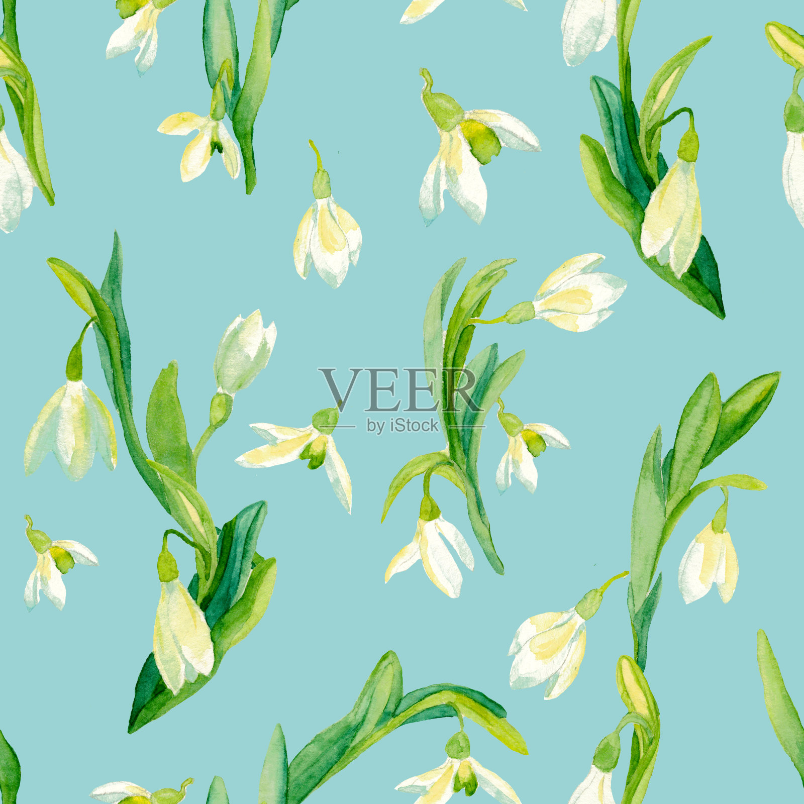水彩无缝模式与白色雪花莲花在蓝色的背景。插画图片素材