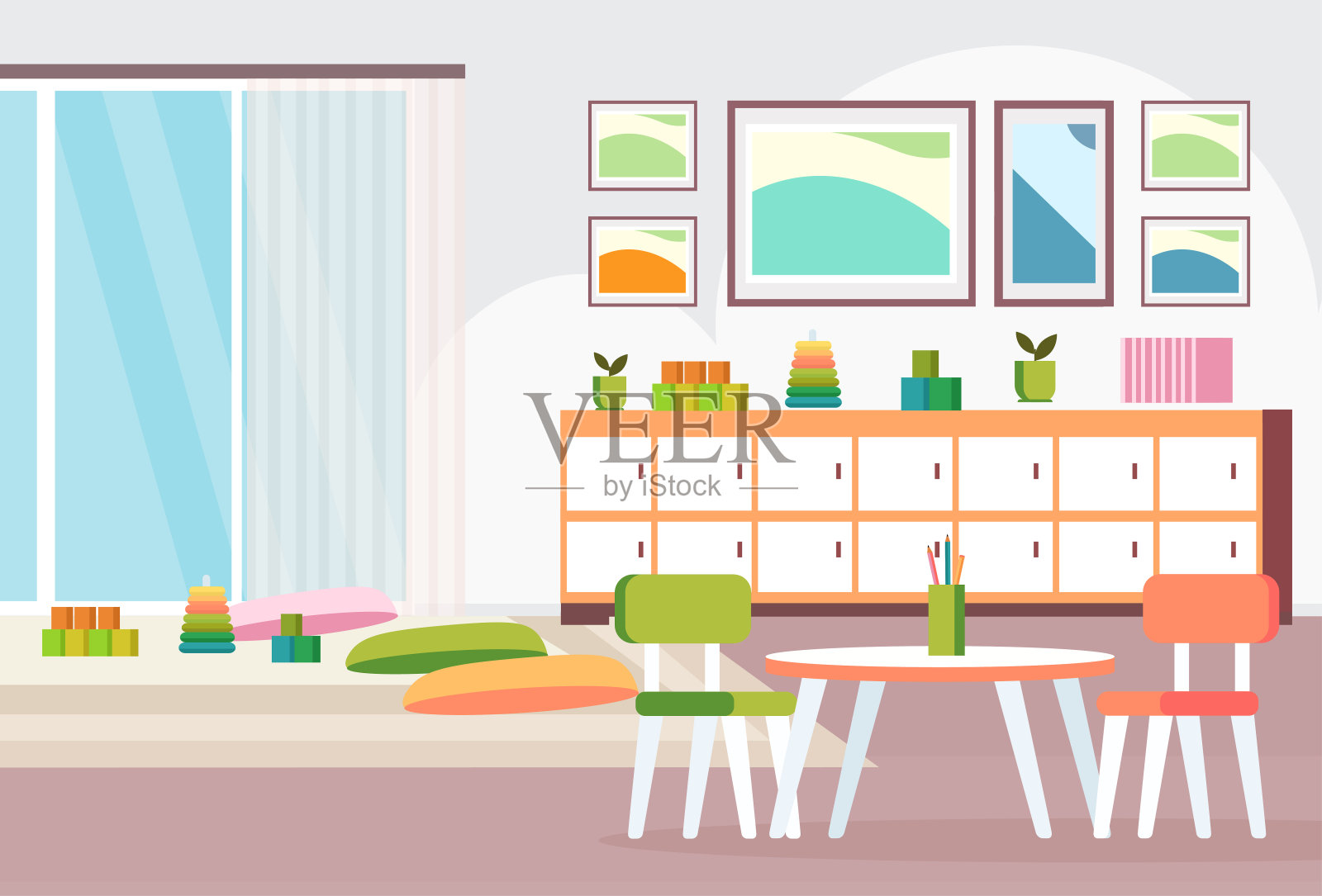 幼儿园现代幼儿园儿童教室配有课桌、桌椅和游戏室装饰，五颜六色的家具空无一人，儿童房室内平平的插画图片素材