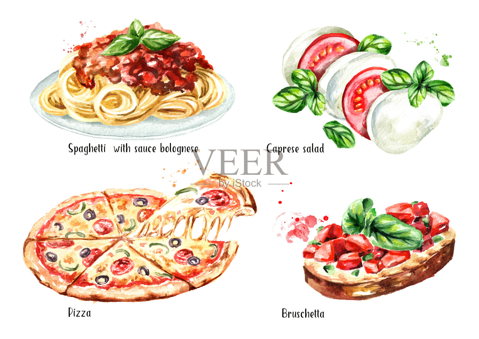 意大利食品。披萨，肉酱意大利面，卡普里沙拉，意式烤面包。水彩手绘插图孤立的白色背景插画图片素材