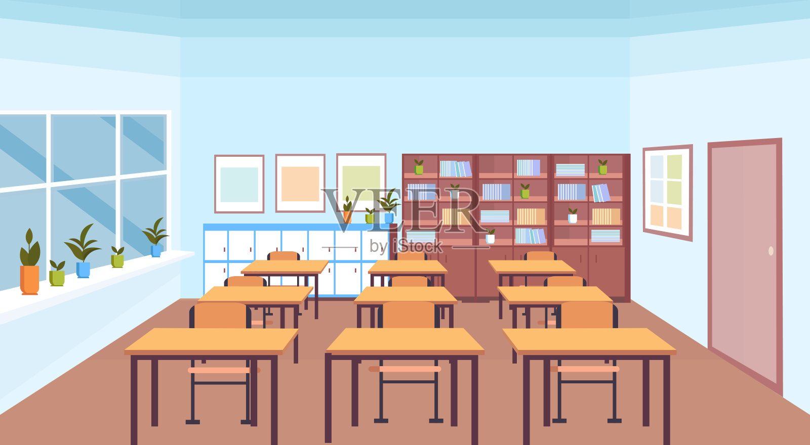 现代学校教室内部书架书架桌椅空无一人横横幅平插画图片素材