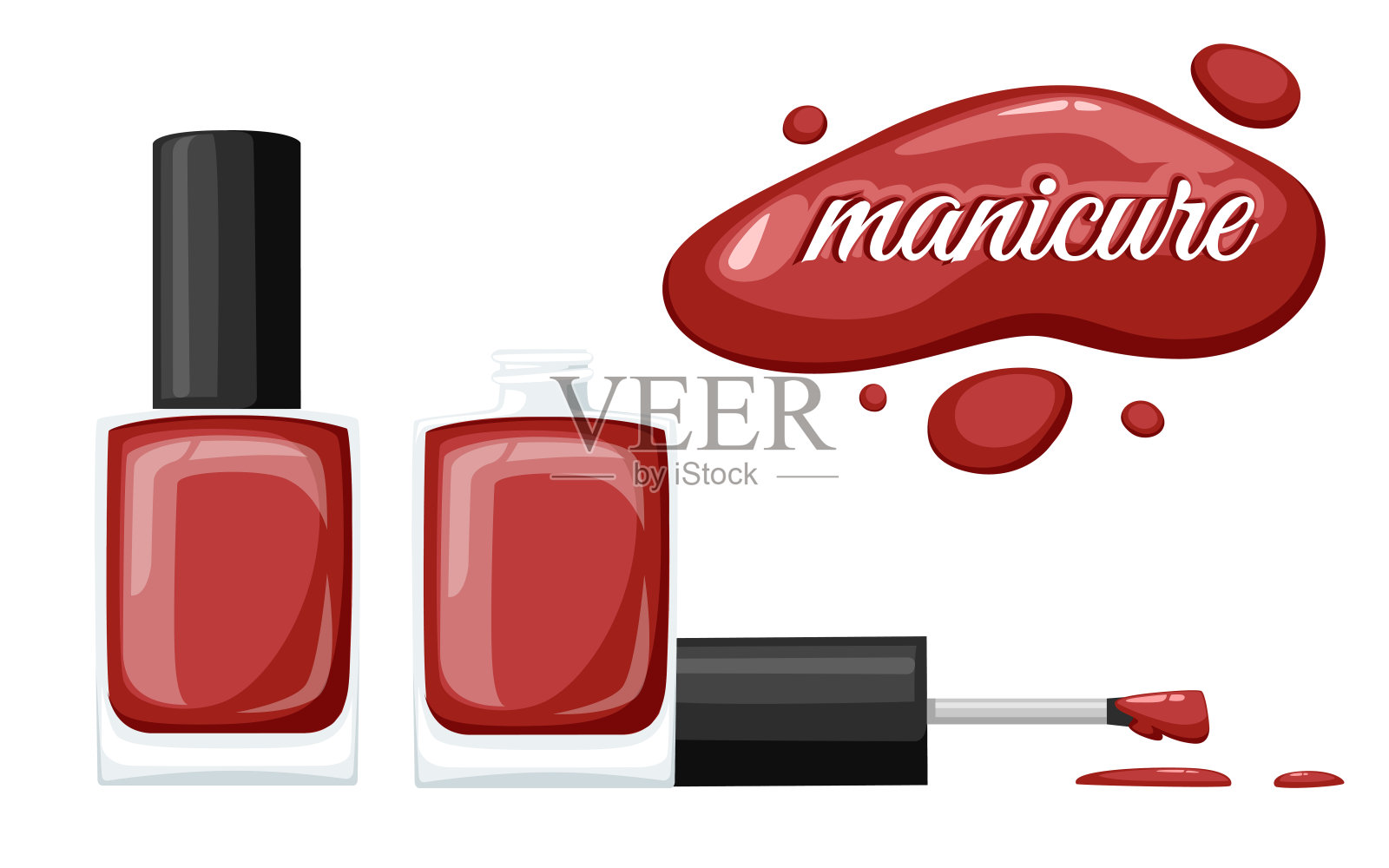 圆形红色指甲油瓶，黑色盖子。平面矢量插图，白色背景。修指甲的概念。打开瓶子，滴下指甲油插画图片素材