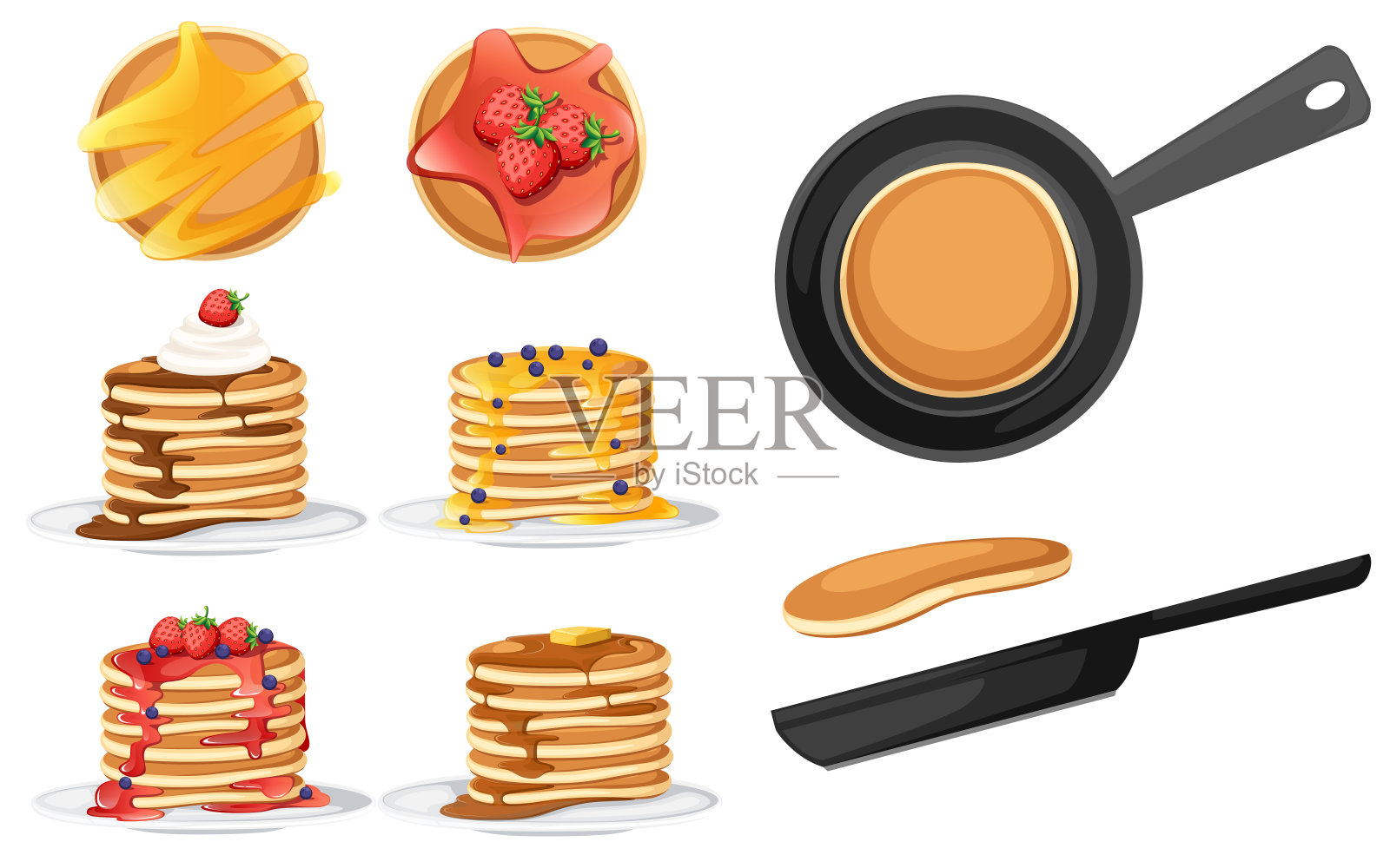 一套四种不同配料的煎饼。煎饼放在白盘子里。用糖浆或蜂蜜烘烤。早餐的概念。松软的煎饼在煎锅里。平面矢量插图在白色背景插画图片素材