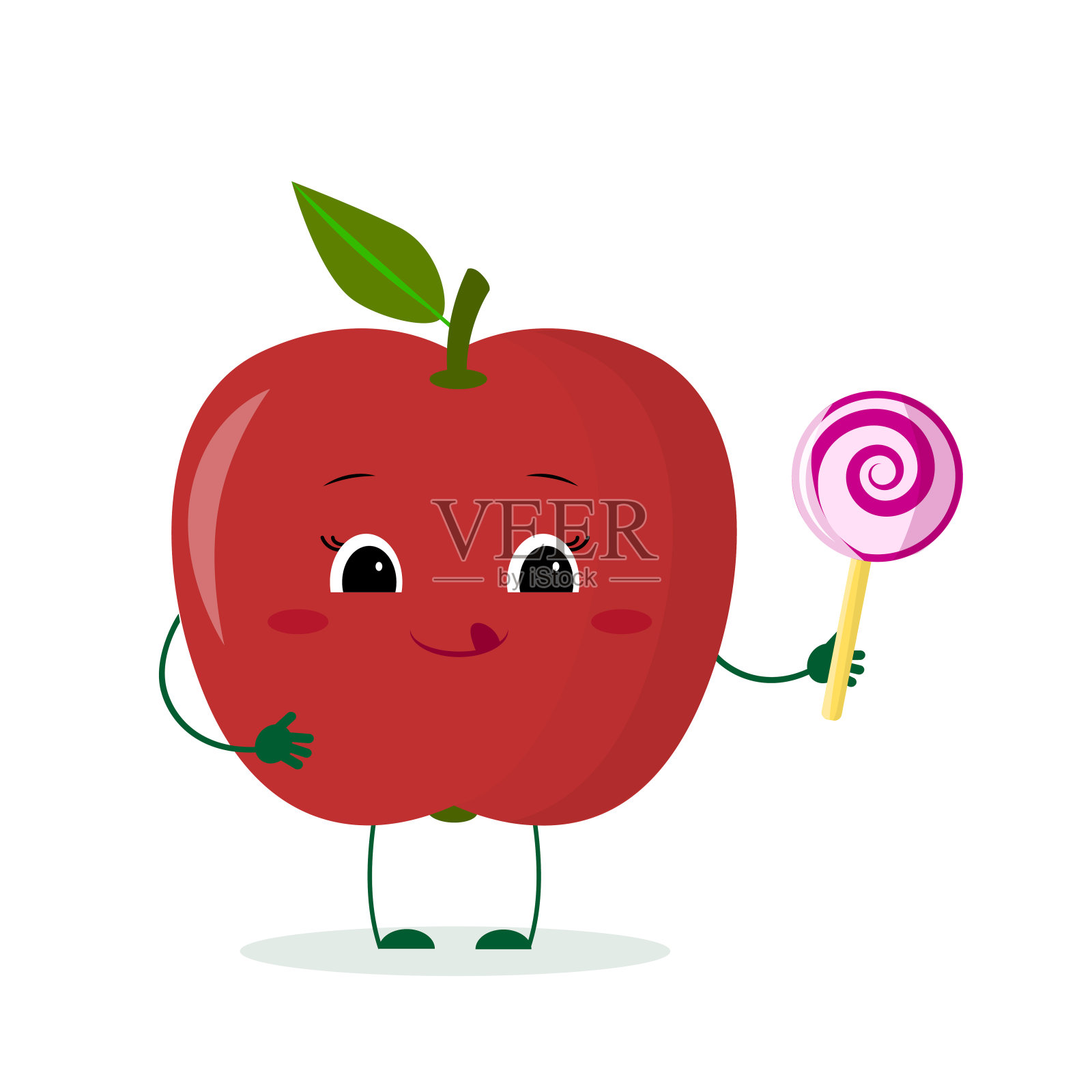 可爱的红苹果卡通人物与棒棒糖。标志,模板,设计。矢量插图，平面风格设计元素图片