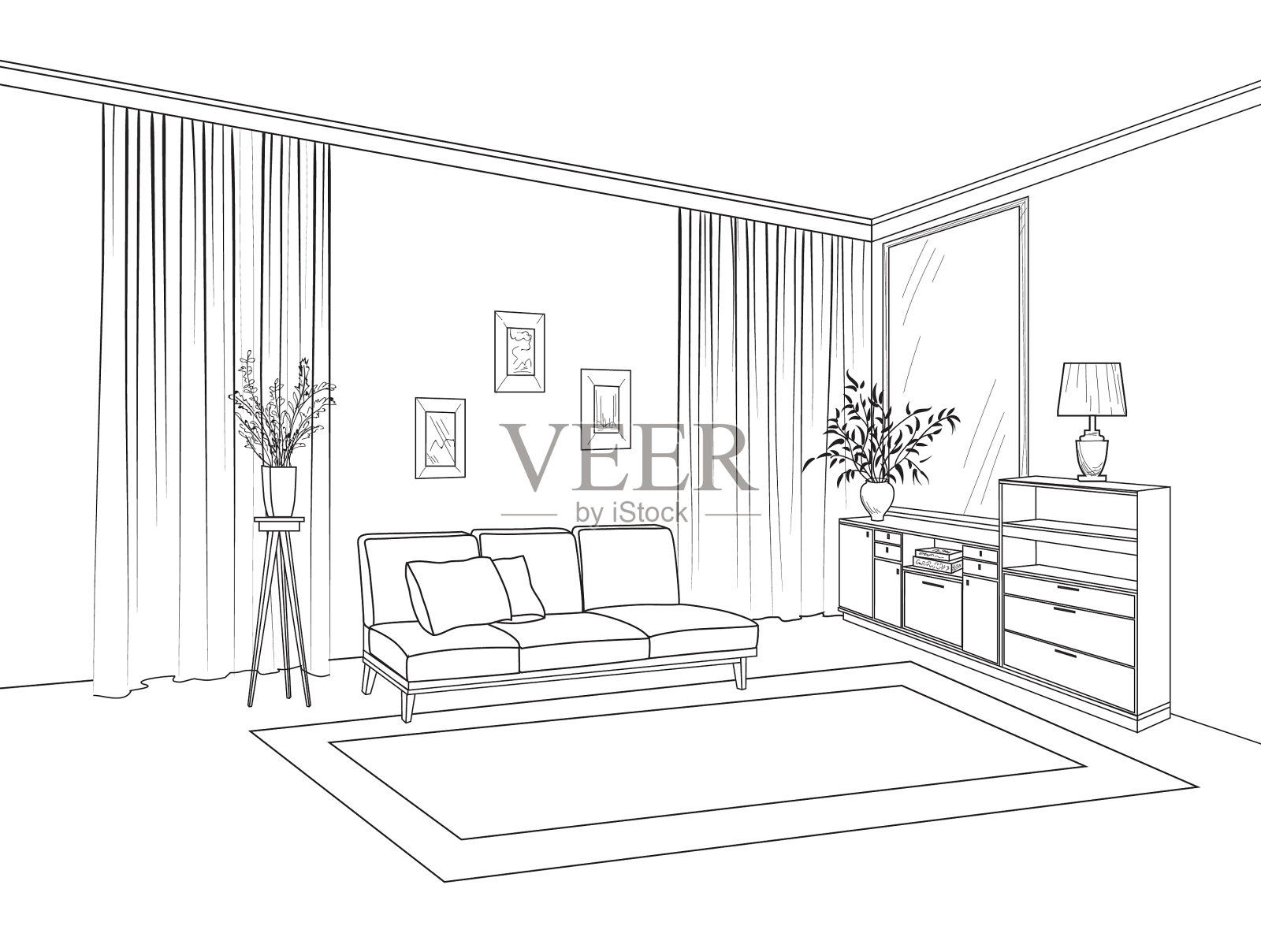 家庭客厅内部。沙发、架子、桌子等家具的草图。客厅绘图设计。版画手绘插图插画图片素材