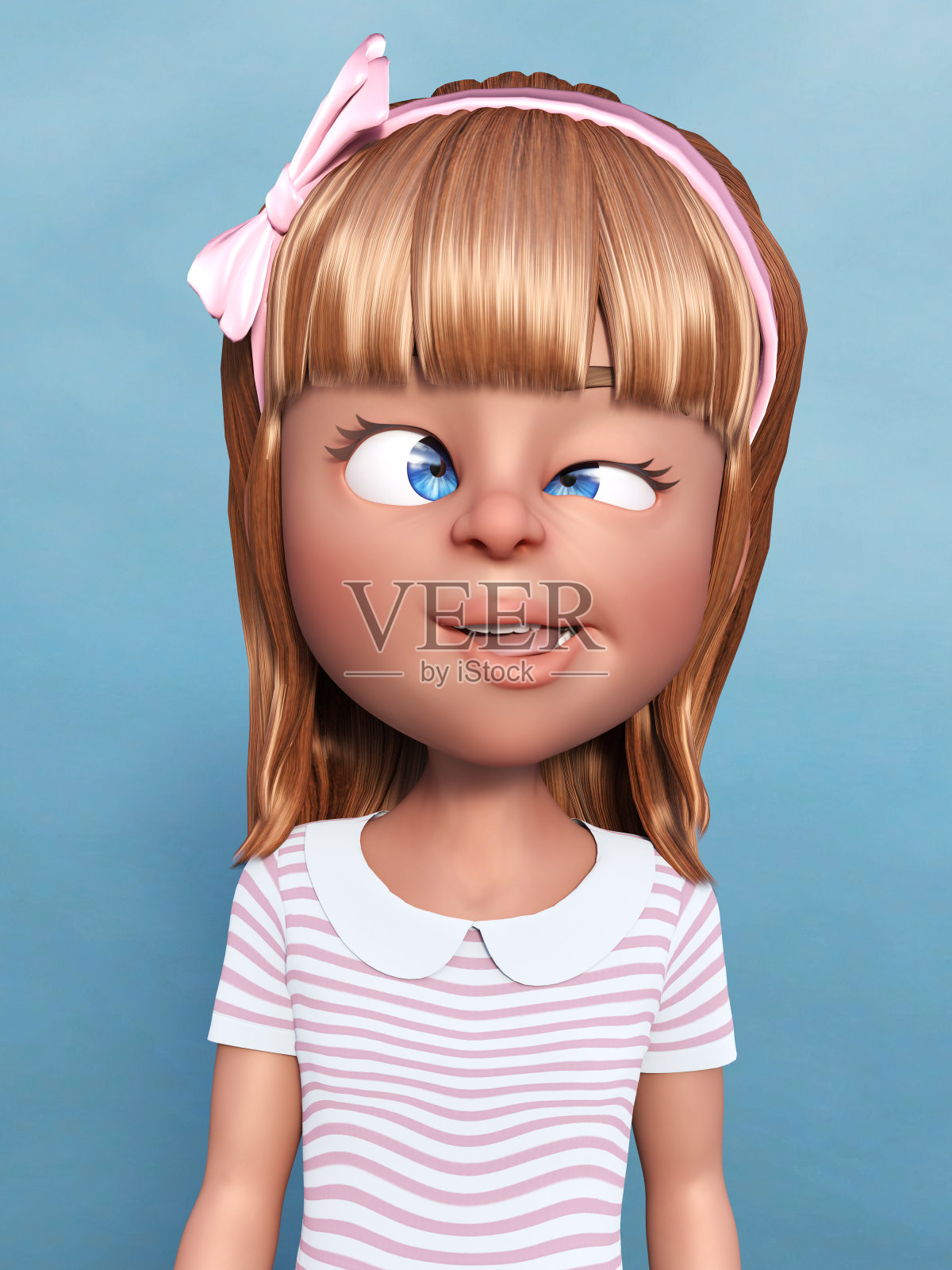 一个卡通女孩做鬼脸的3D渲染。照片摄影图片