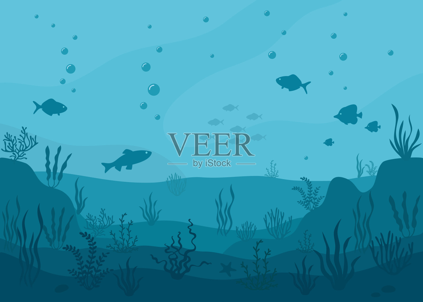 海洋水下背景。海洋海底有水下植物、珊瑚和鱼类。插画图片素材