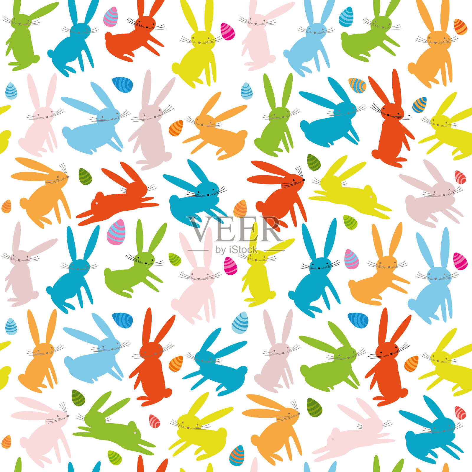 无缝图案与卡通色彩鲜艳的兔子和复活节彩蛋。设计元素图片