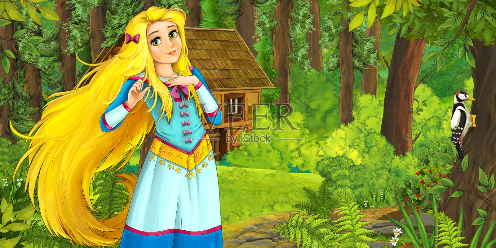 卡通场景与快乐的年轻女孩在森林遇到隐藏的木屋插画图片素材