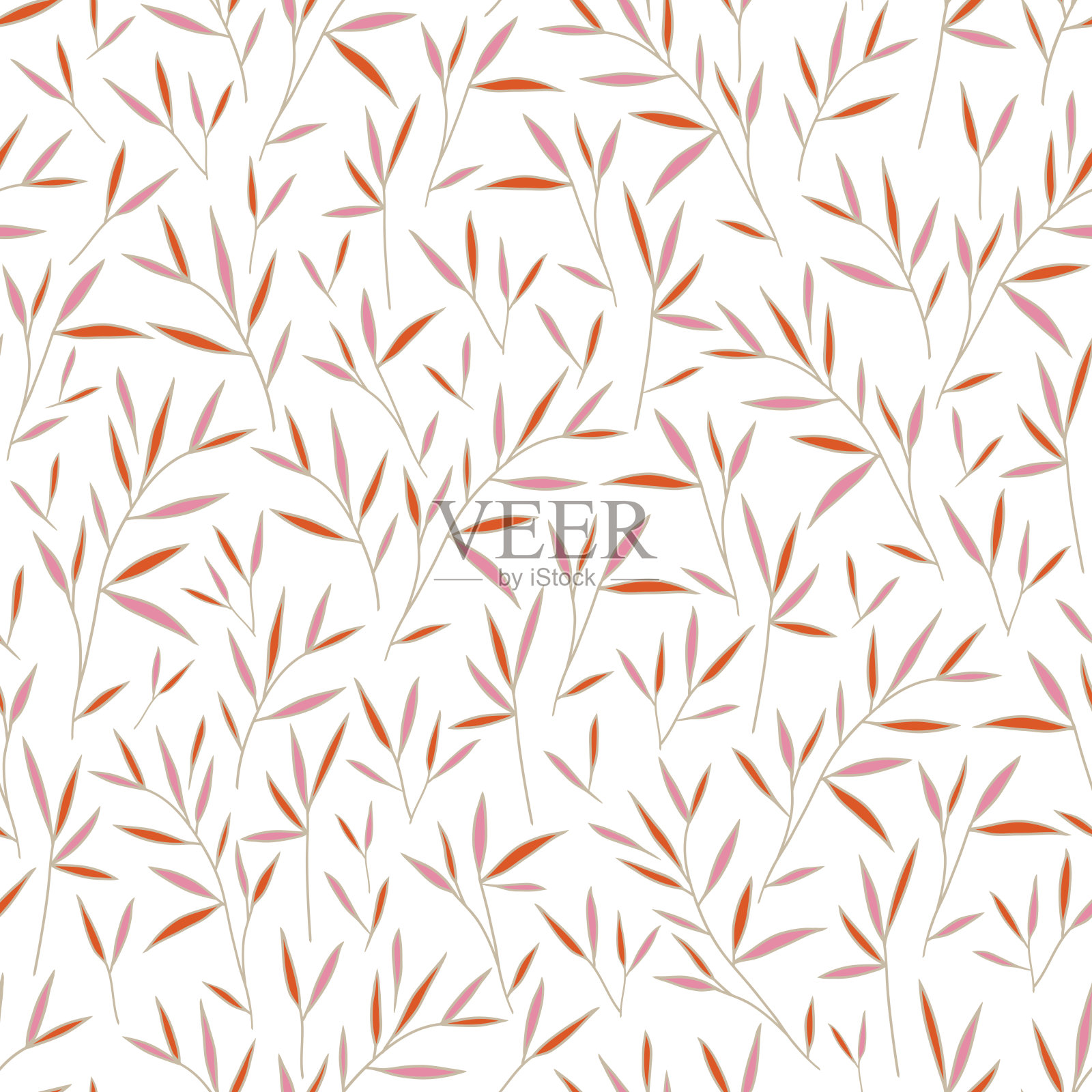 无缝漂亮的竹粉和橙色叶子图案。向量。插图。白色背景。插画图片素材