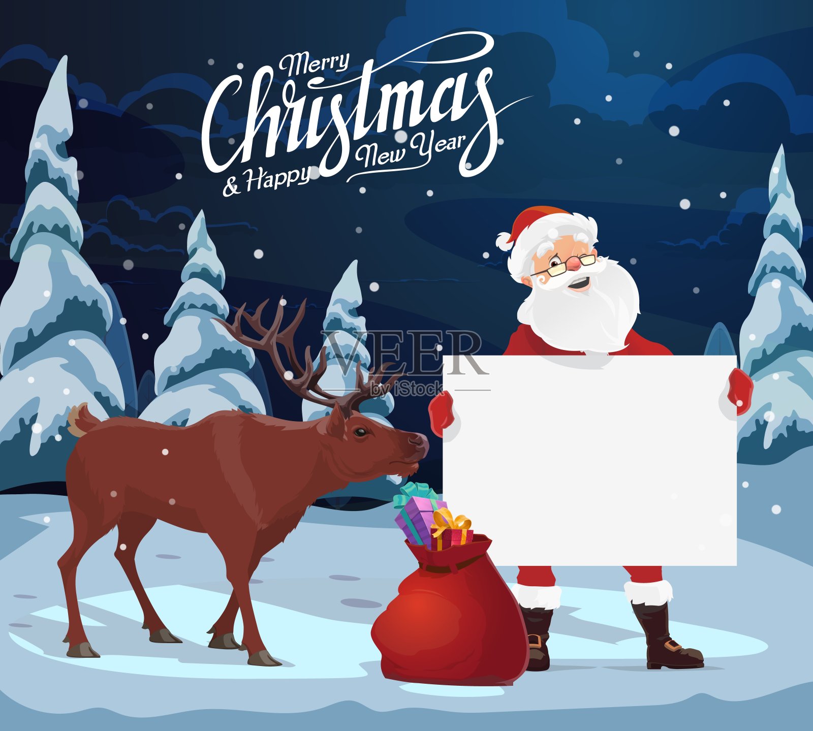 12、圣诞老人带着空白的招牌，圣诞礼物，驯鹿插画图片素材