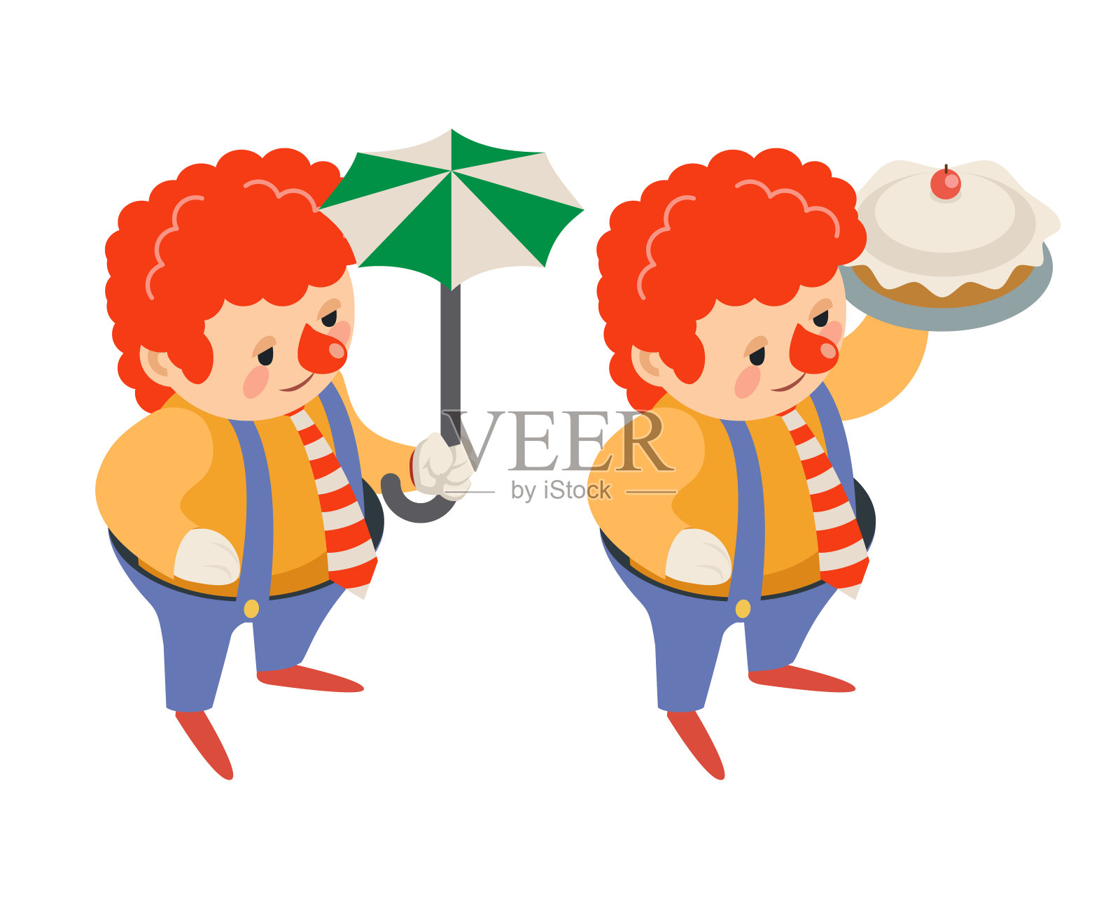 伞等距的马戏团派对有趣的嘉年华小丑滑稽的蛋糕扔恶作剧的馅饼表演人物图标孤立的3d平面设计矢量插图插画图片素材
