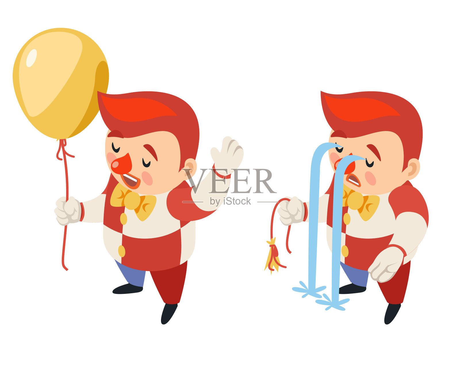 爆裂的气球等角的马戏团派对有趣的悲伤的狂欢节眼泪河小丑滑稽的哭爆炸的表演人物图标孤立的3d平面设计矢量插图插画图片素材