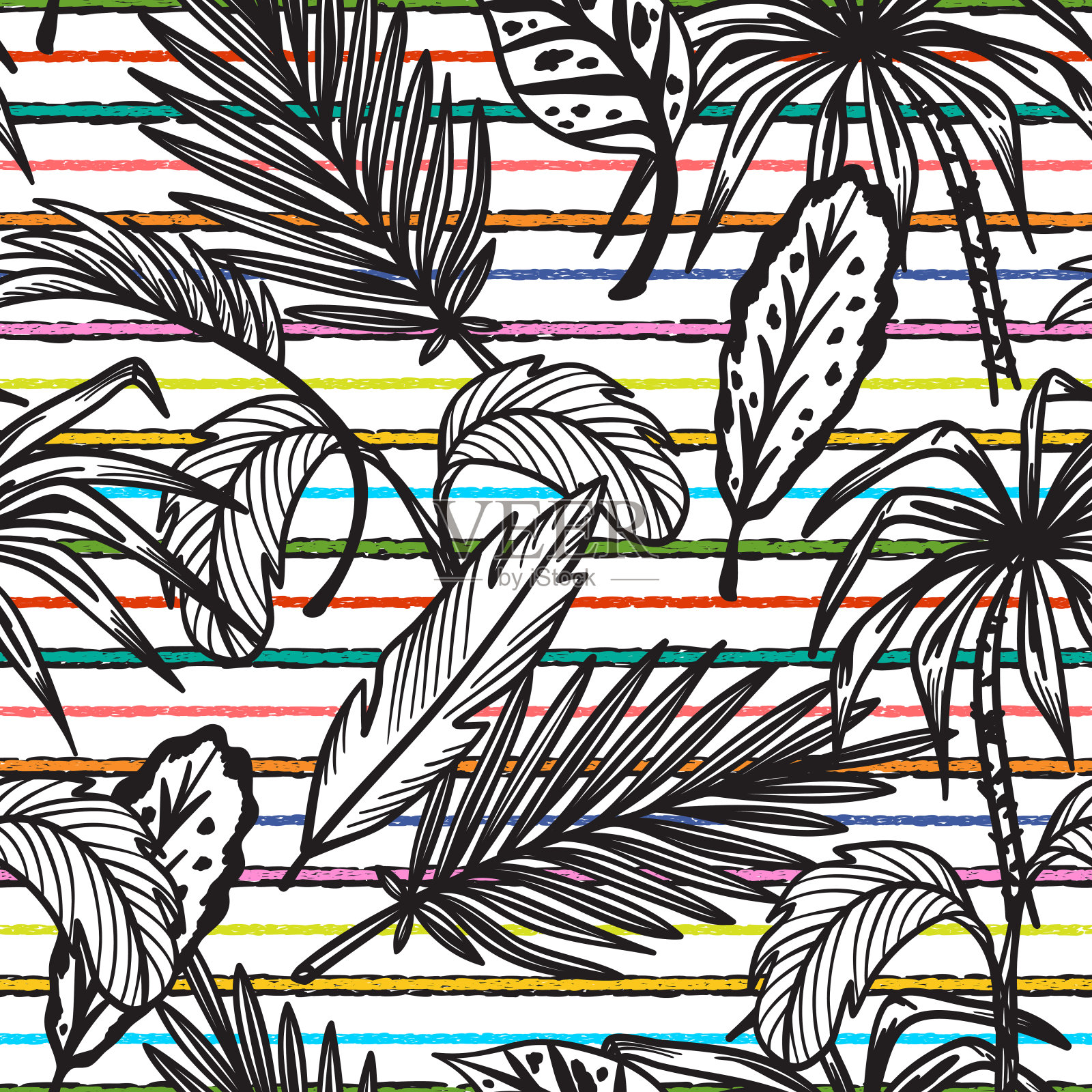 热带棕榈树叶子矢量无缝模式。手绘涂鸦棕榈叶素描。夏季花条纹背景。热带植物壁纸插画图片素材