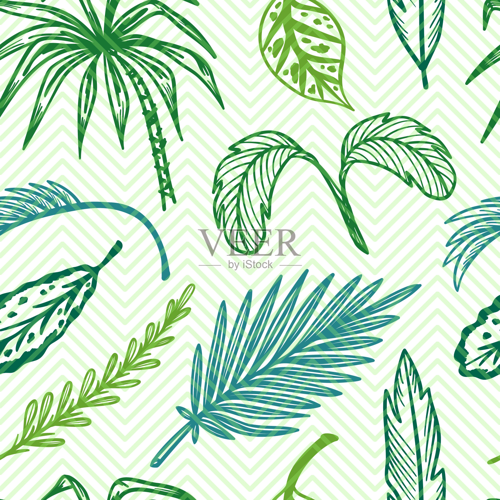 彩色热带棕榈树叶子矢量无缝模式。手绘涂鸦棕榈叶素描。夏季花条纹人字形背景。热带植物壁纸插画图片素材