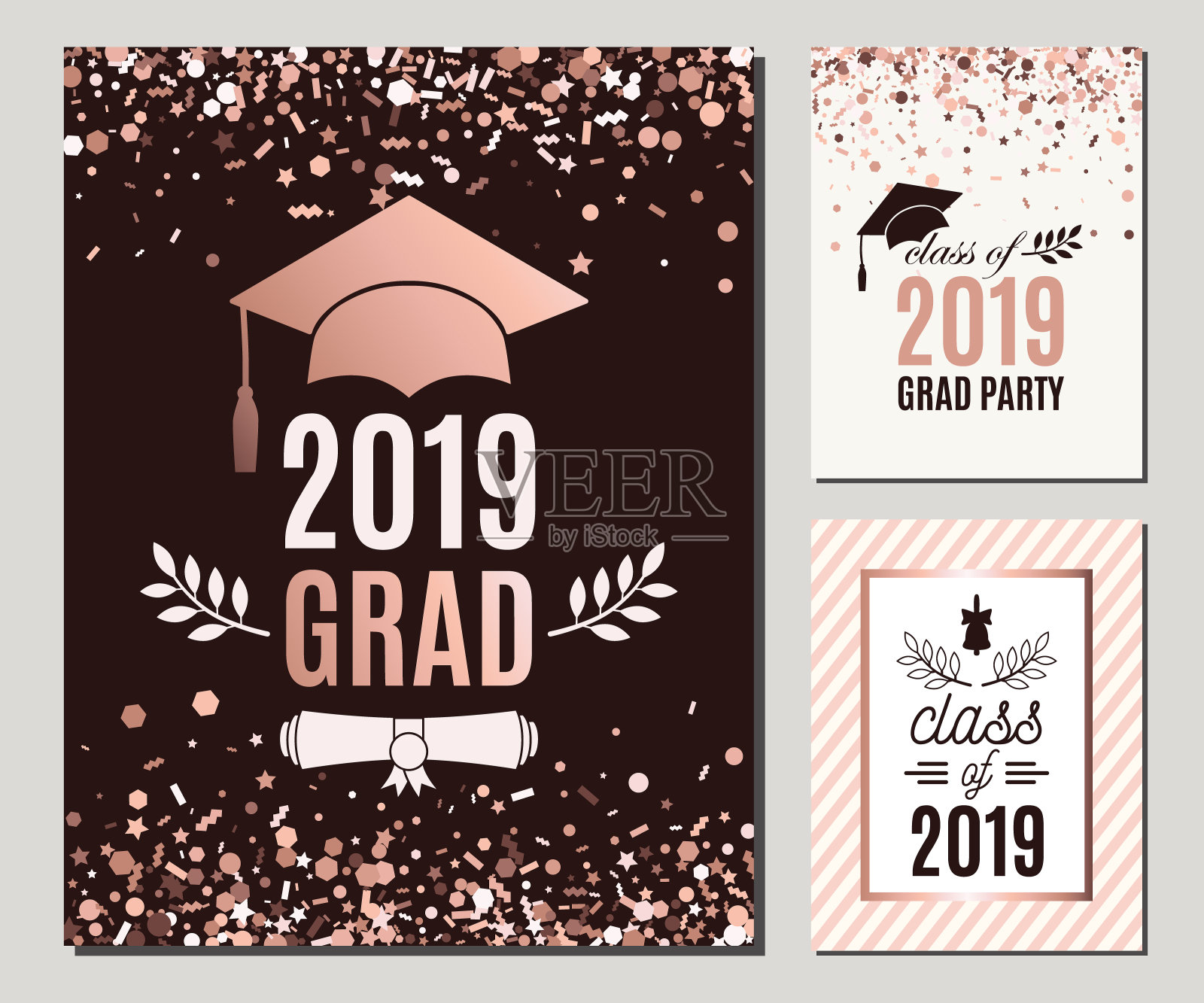 2019届毕业生的贺卡采用玫瑰金五彩纸屑颜色。三份矢量毕业生派对邀请函。毕业生海报。都是隔离和分层的设计模板素材