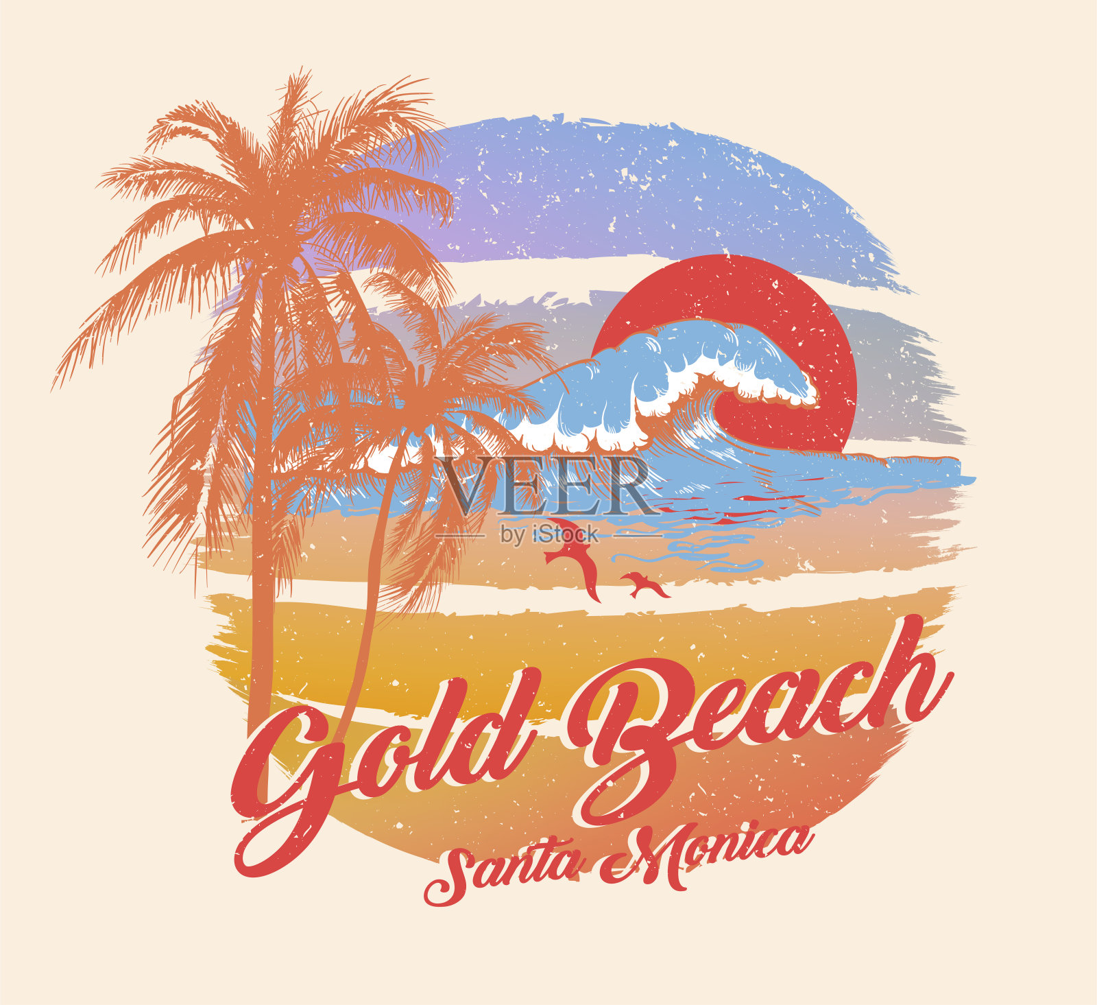 彩色海报上有棕榈树和圣塔莫尼卡海滩的题词。t恤印花，适合青少年的夏季设计。插画图片素材