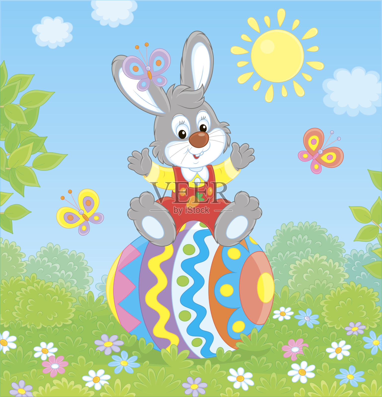 小兔子在装饰好的复活节彩蛋上插画图片素材