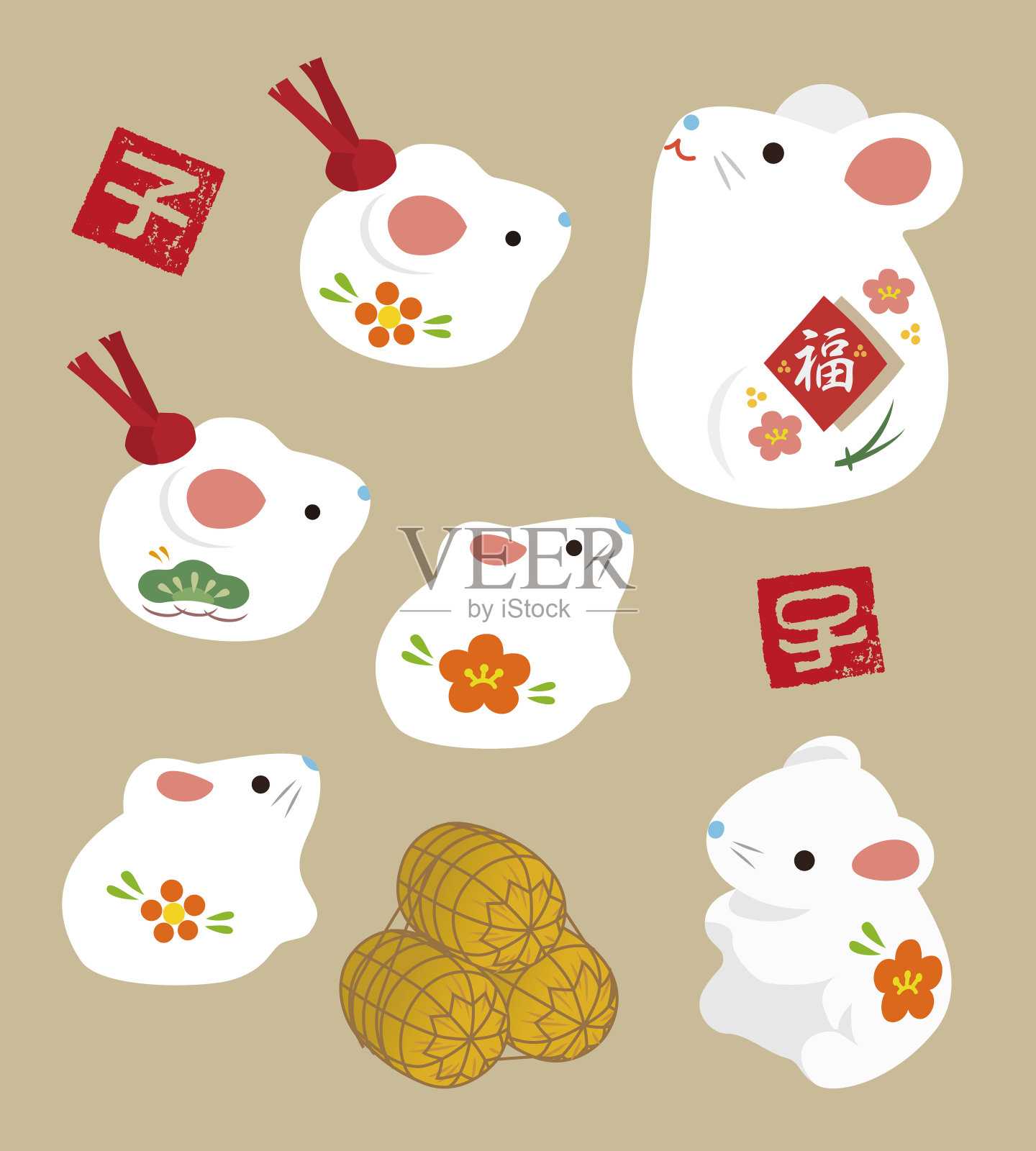 新年元素-老鼠娃娃和生肖邮票和米袋设计元素图片