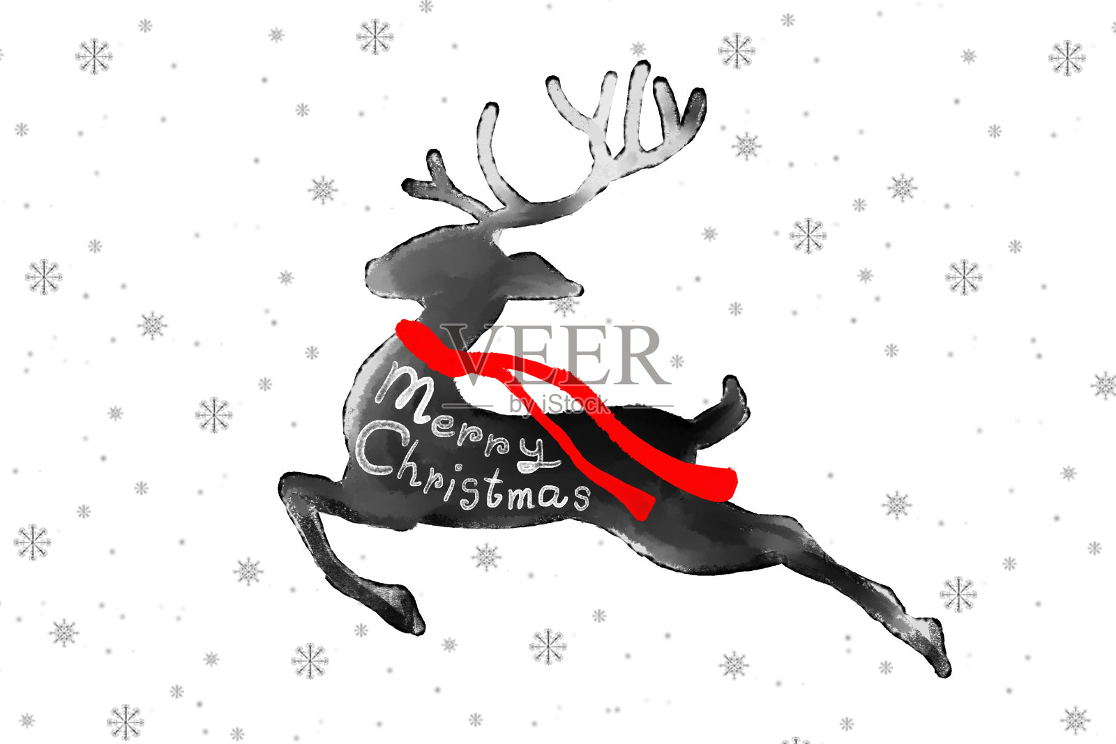 圣诞鹿水彩插图。驯鹿剪影与红色围巾与冬季景观与雪花。铭文圣诞快乐。插画图片素材