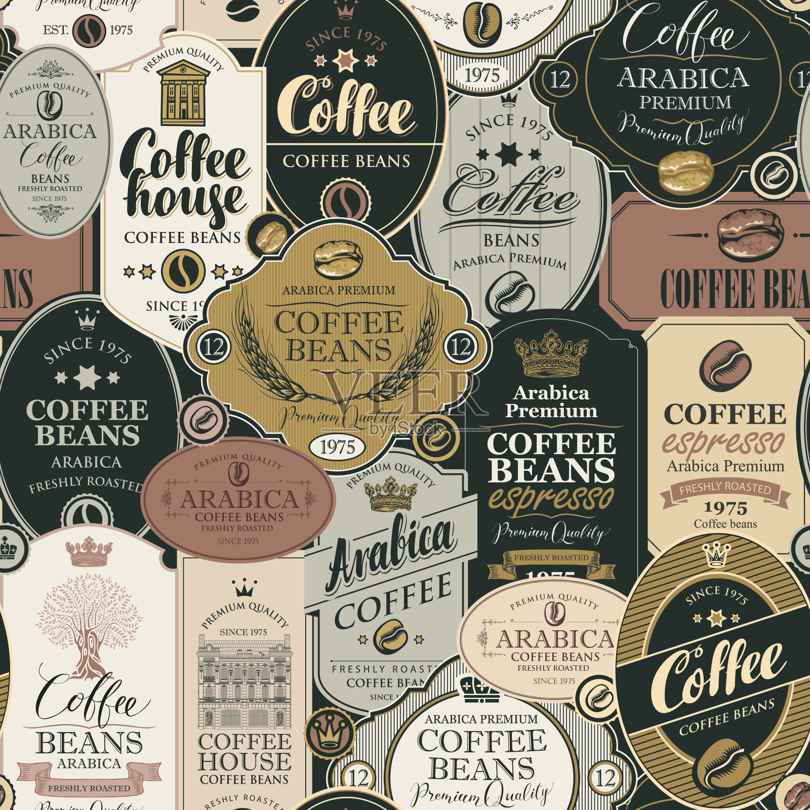 矢量无缝模式与各种咖啡标签插画图片素材