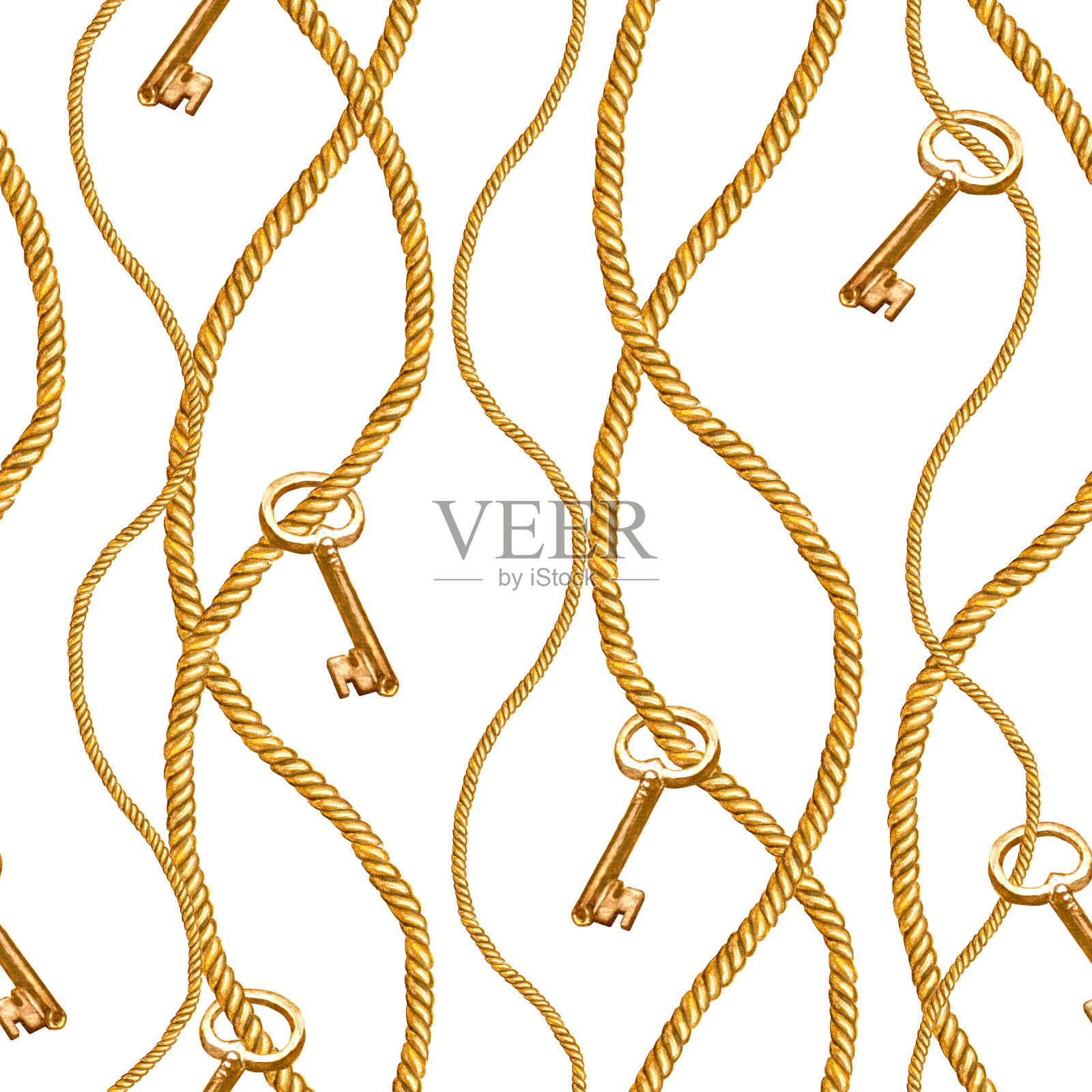 金色链条魅力无缝图案插画。水彩纹理与金色链条绳钥匙。插画图片素材