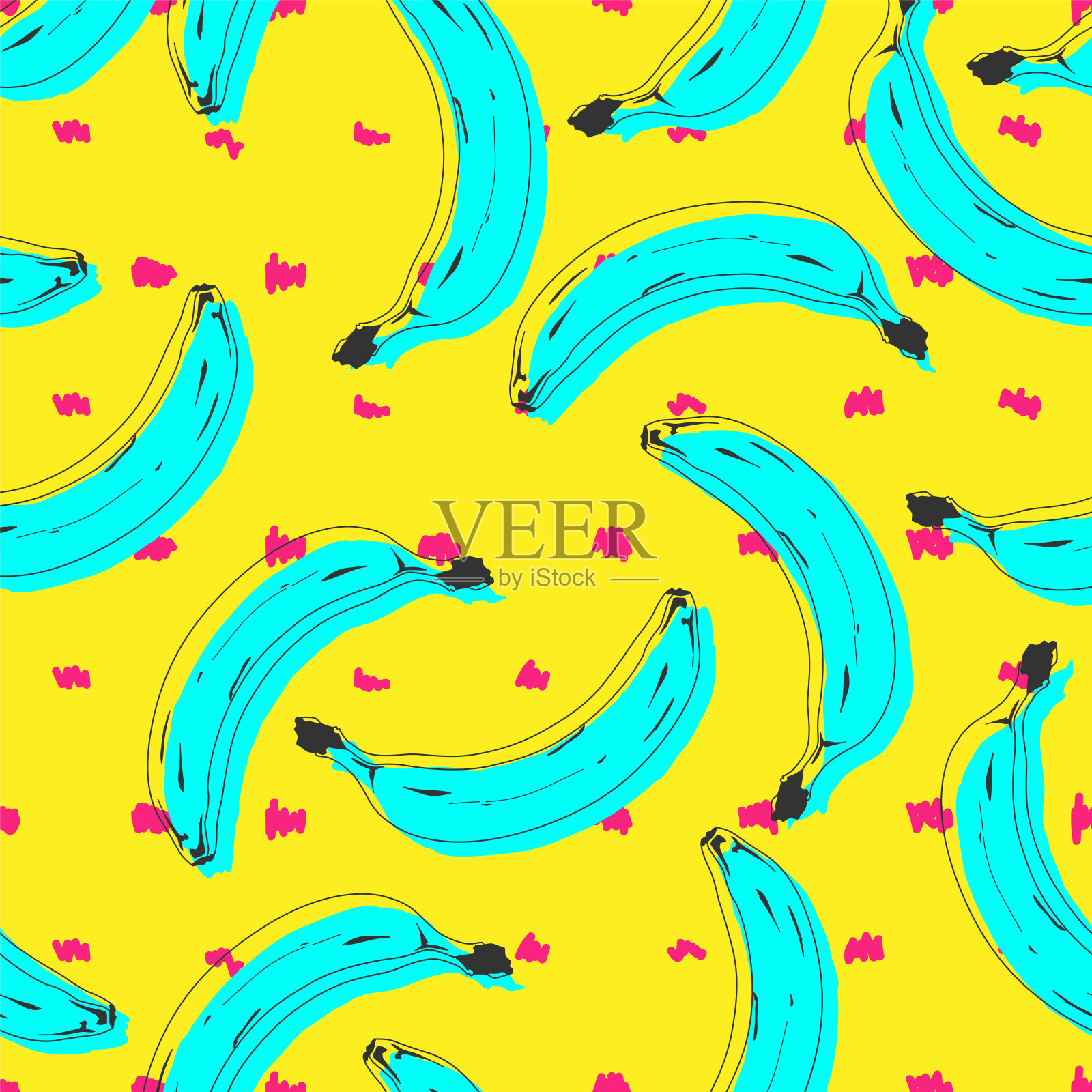无缝波普艺术香蕉图案随机分布在色彩背景上。矢量插图。插画图片素材