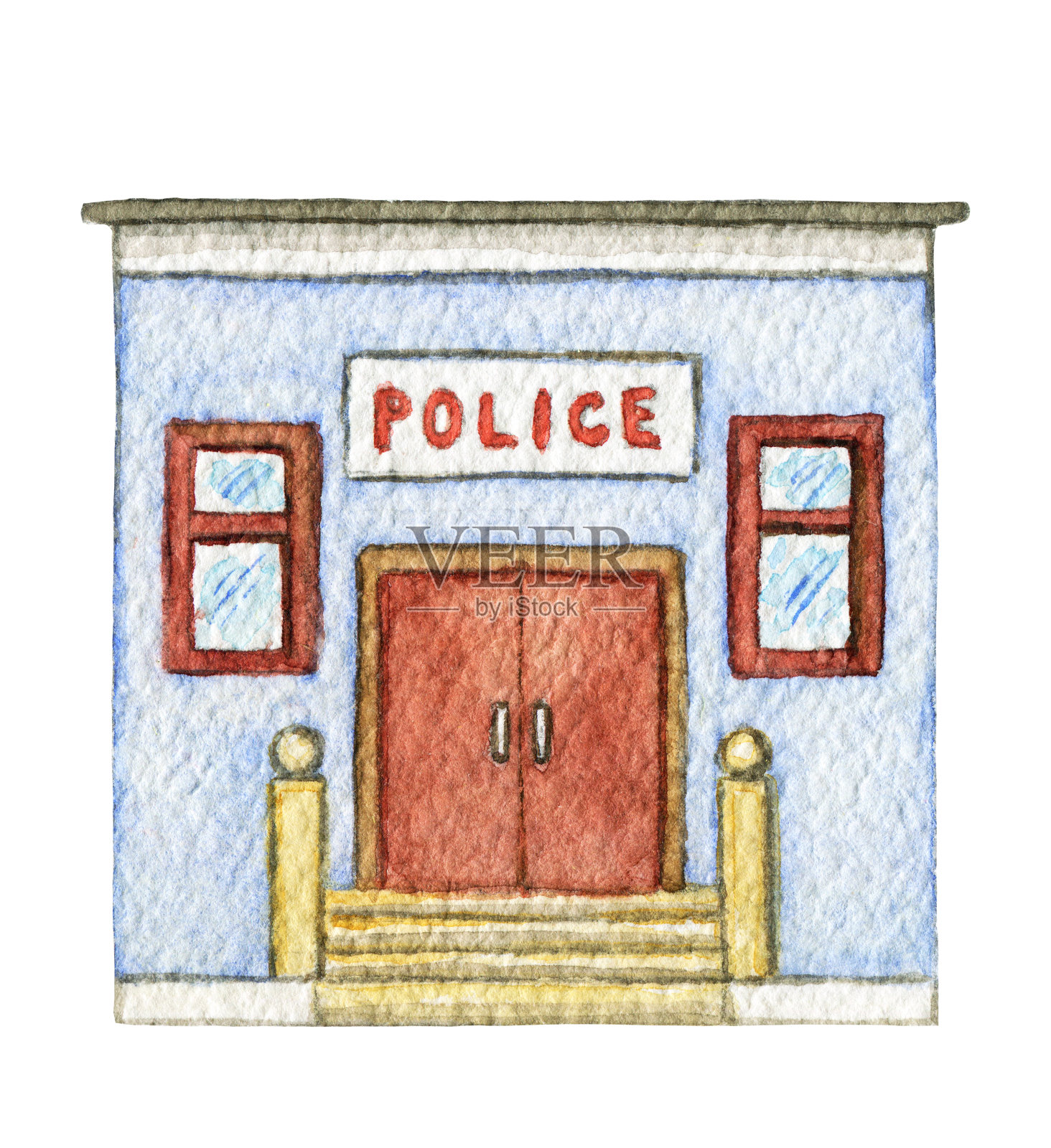 水彩蓝色的警察办公大楼插画图片素材