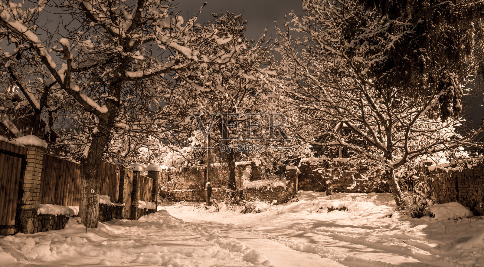 白雪美丽的冬夜在乡村。街道景观与雪在树上。照片摄影图片