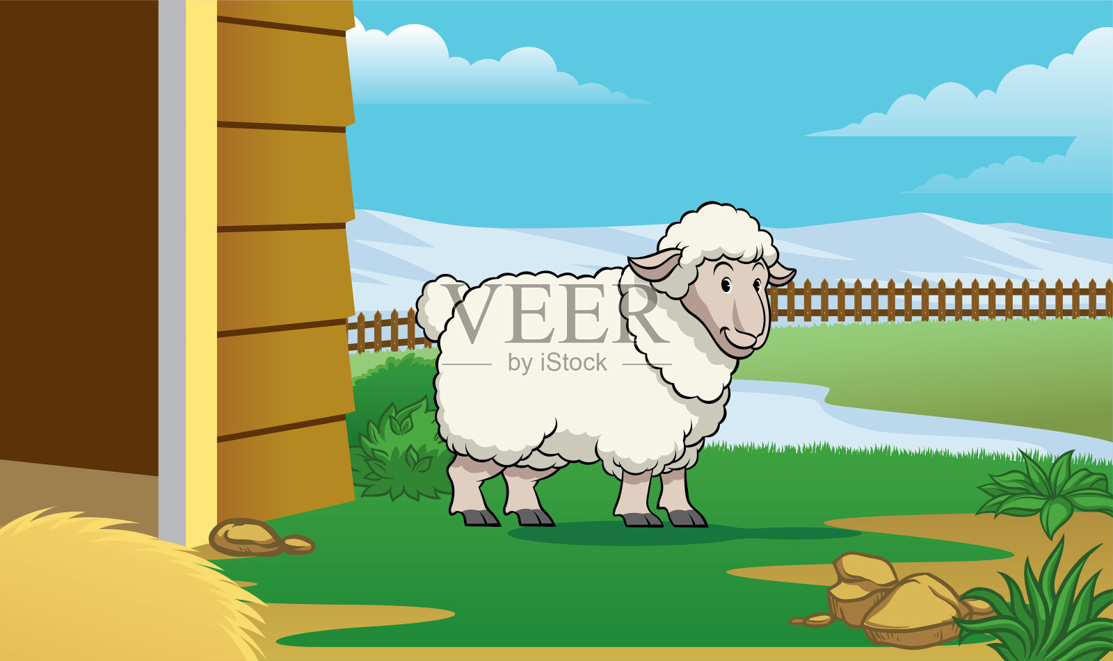 卡通风格的农场里的绵羊插画图片素材