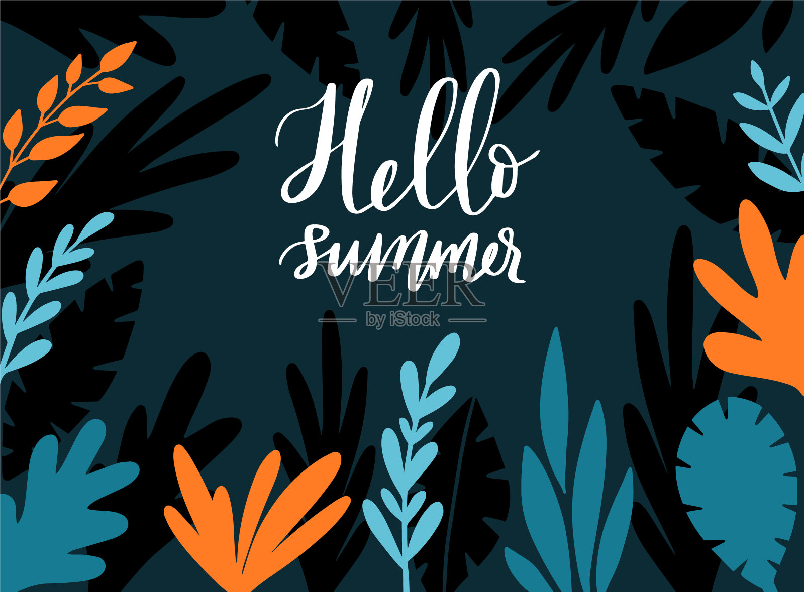 夏季矢量背景与热带树叶和植物的分支在黑暗的背景。你好,夏天刻字。插画图片素材