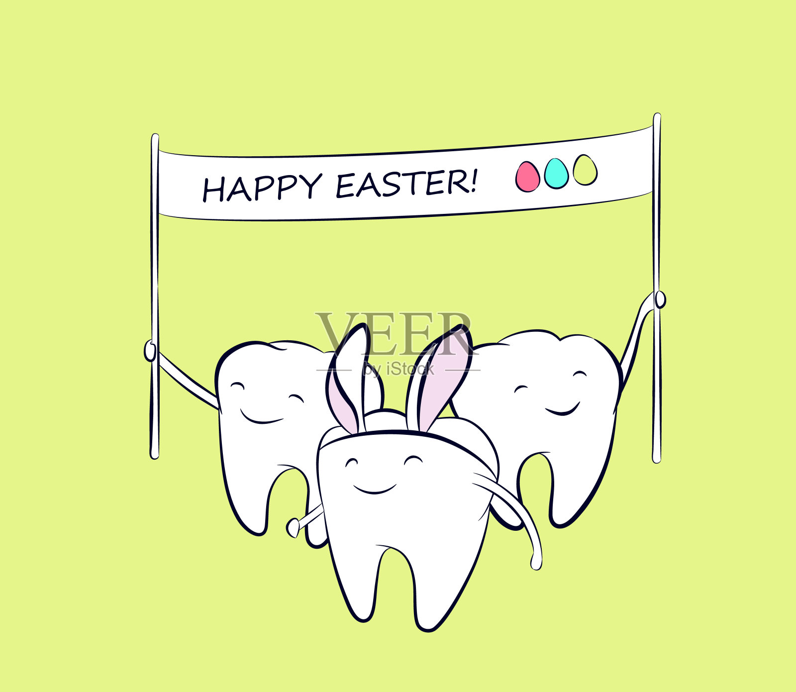 穿着兔子耳朵的卡通牙齿，手里拿着横幅。在牙科与复活节节日问候的节日人物。插画图片素材
