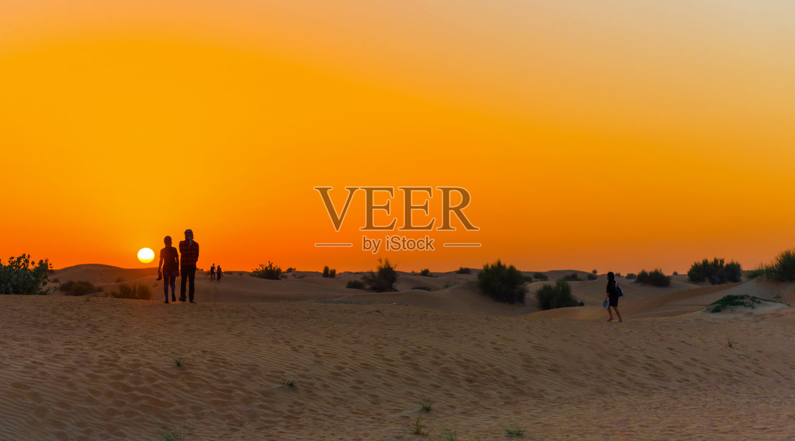 阿拉伯联合酋长国迪拜沙漠保护区沙丘上的日落。文本复制空间照片摄影图片