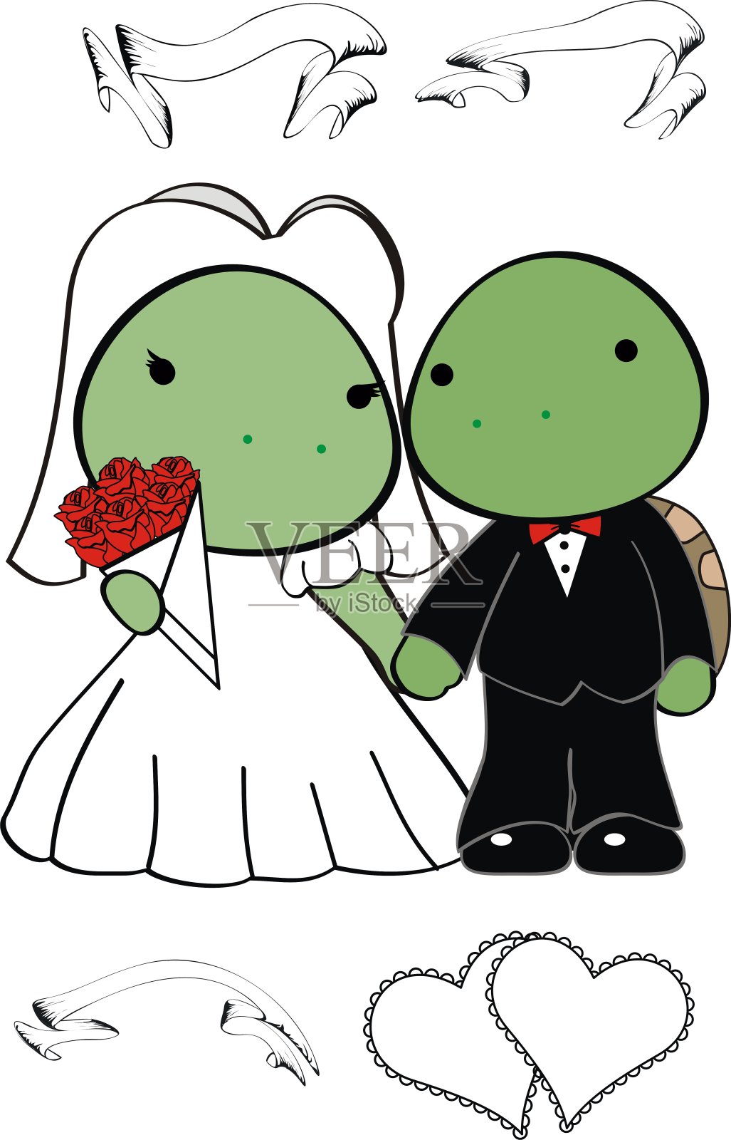 可爱的卡哇伊龟夫妇卡通爱情结婚收藏插画图片素材