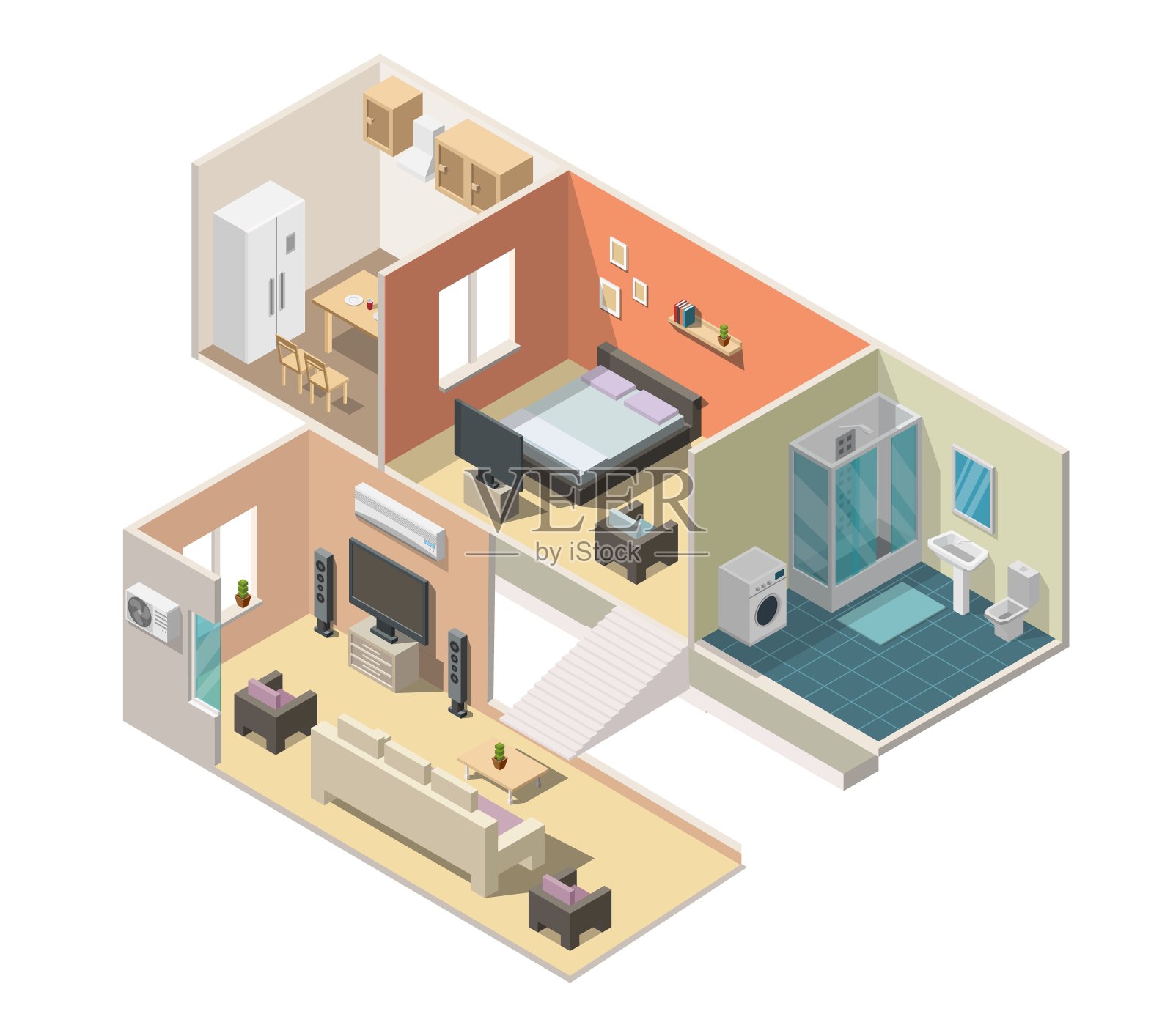 等距室内公寓矢量插图现代设置的浴室，厨房，客厅，卧室。插画图片素材