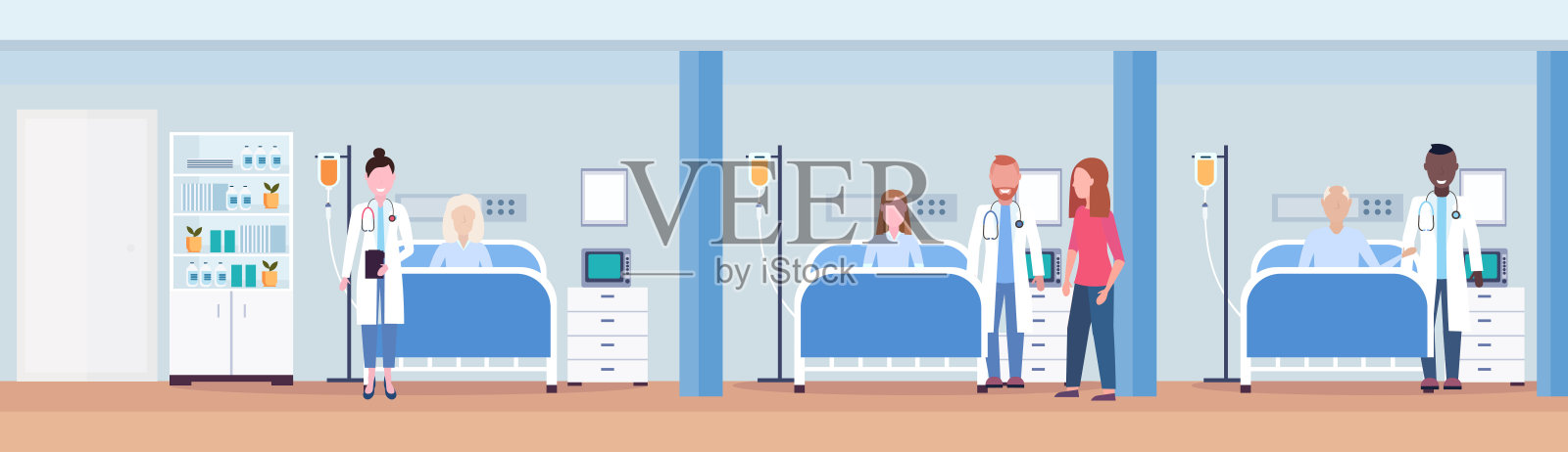 混合种族医生卧床，强化治疗病房，保健概念病房，室内现代医疗诊所横旗插画图片素材