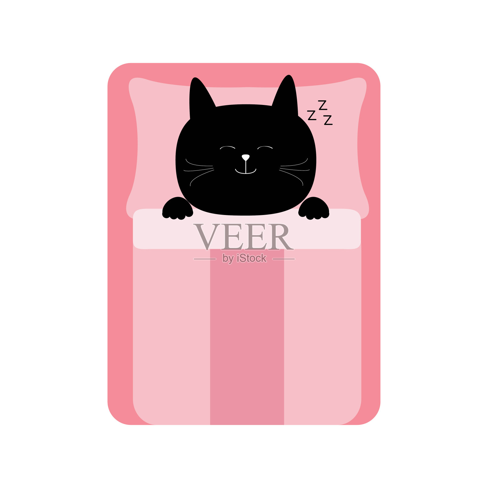 睡觉的猫。为孩子们收集的婴儿宠物动物。可爱的卡通人物。床，粉红色的毯子和枕头。白色背景。孤立。平面设计。插画图片素材