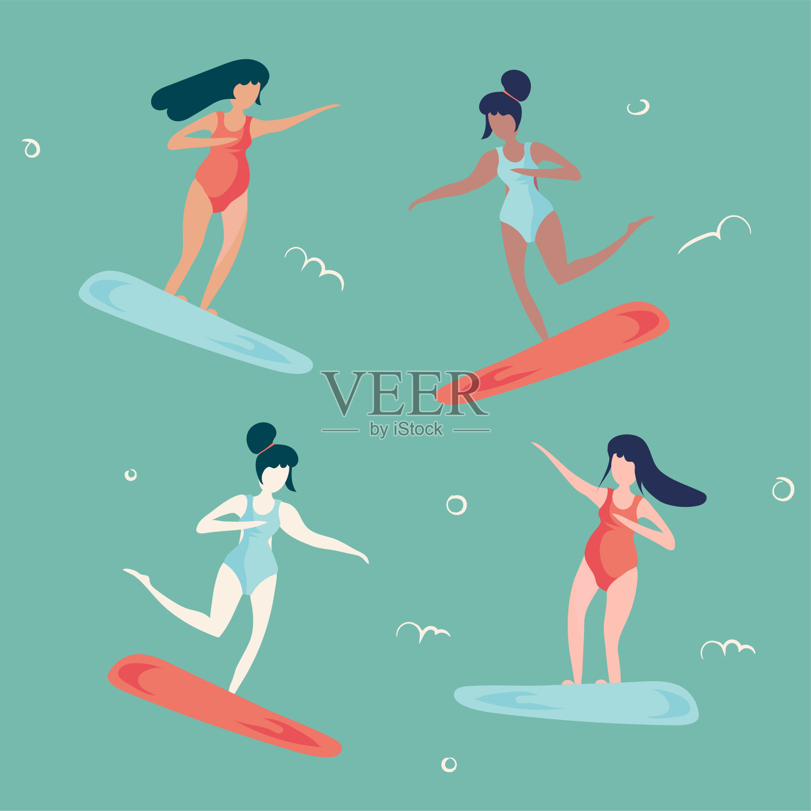 时尚复古风格矢量插图:女性冲浪者。夏天海滩度假。插画图片素材