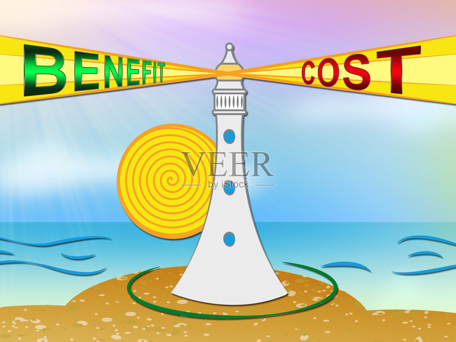 成本Vs效益灯塔意味着比较价格与价值- 3d插图照片摄影图片
