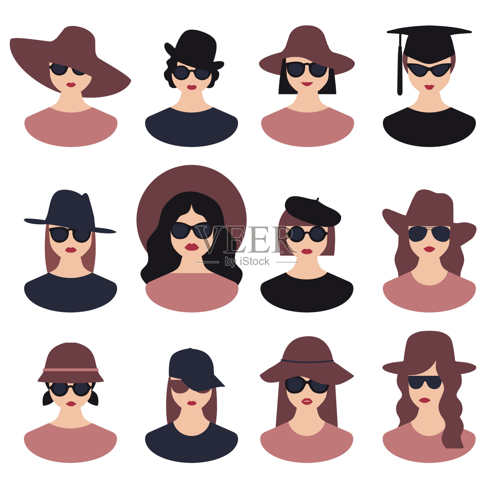 12个戴着帽子和太阳镜的现代女孩插画图片素材