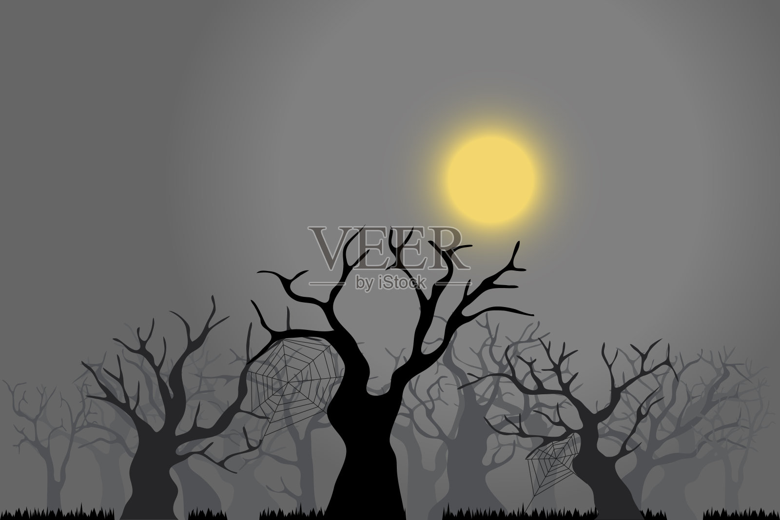 有枝叶的老树。森林的老树在一个夜晚的背景与满月。平面向量插图。插画图片素材