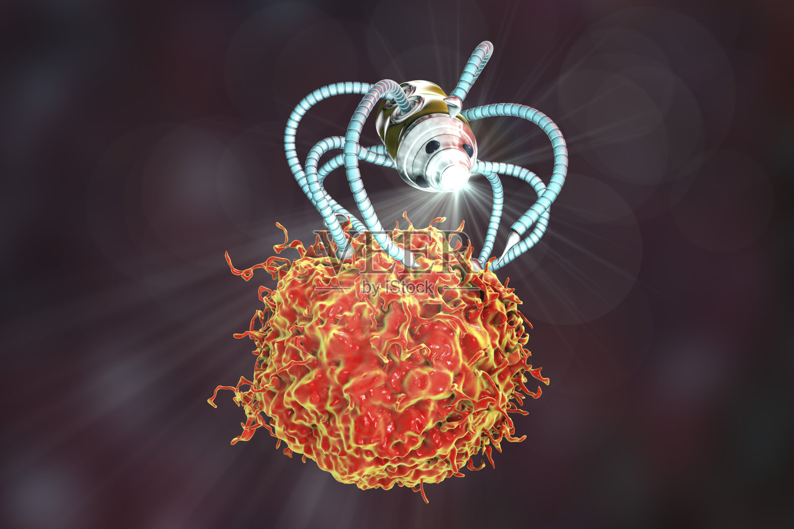 攻击癌细胞的纳米机器人，纳米技术医学概念照片摄影图片
