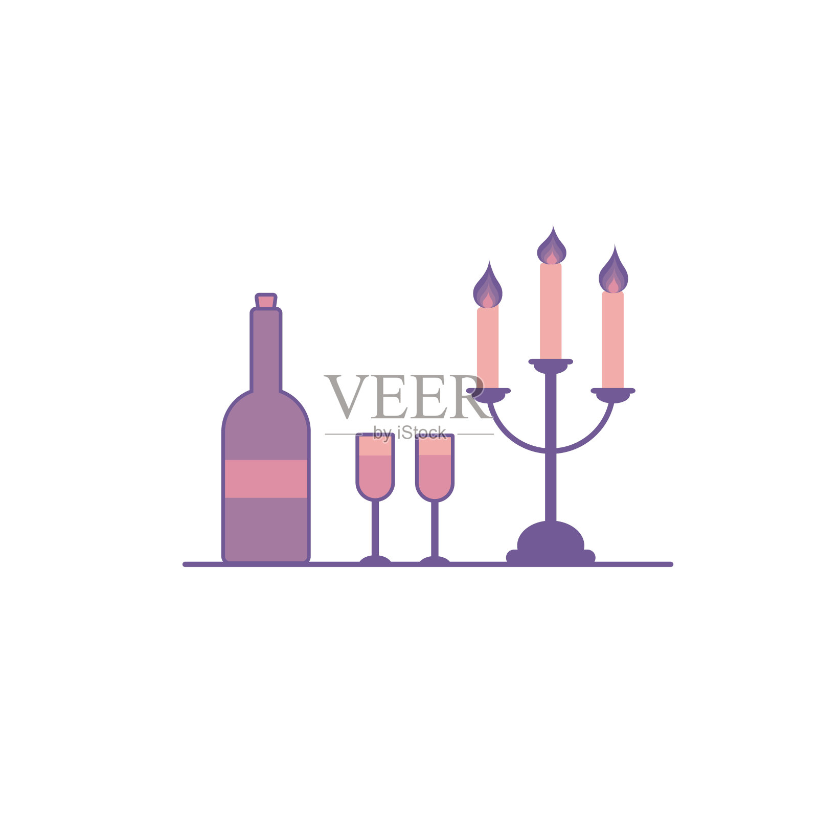 一瓶葡萄酒，几只酒杯和烛台上三支燃烧的蜡烛。插画图片素材