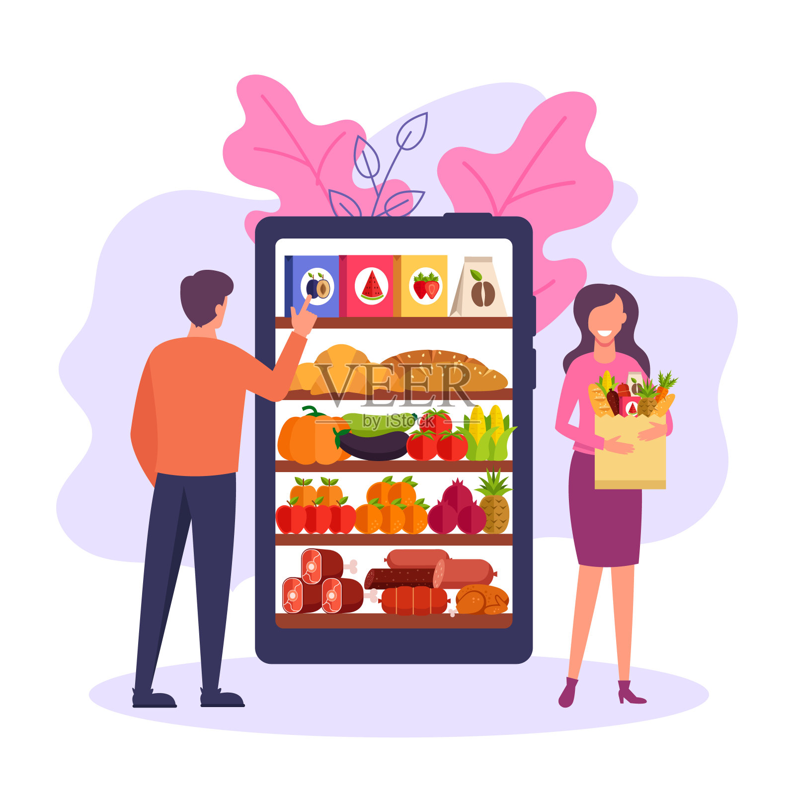 人们的消费者男女性格选择产品食品通过智能手机在线食品市场。网上送货店概念。矢量平面卡通图形设计插图插画图片素材