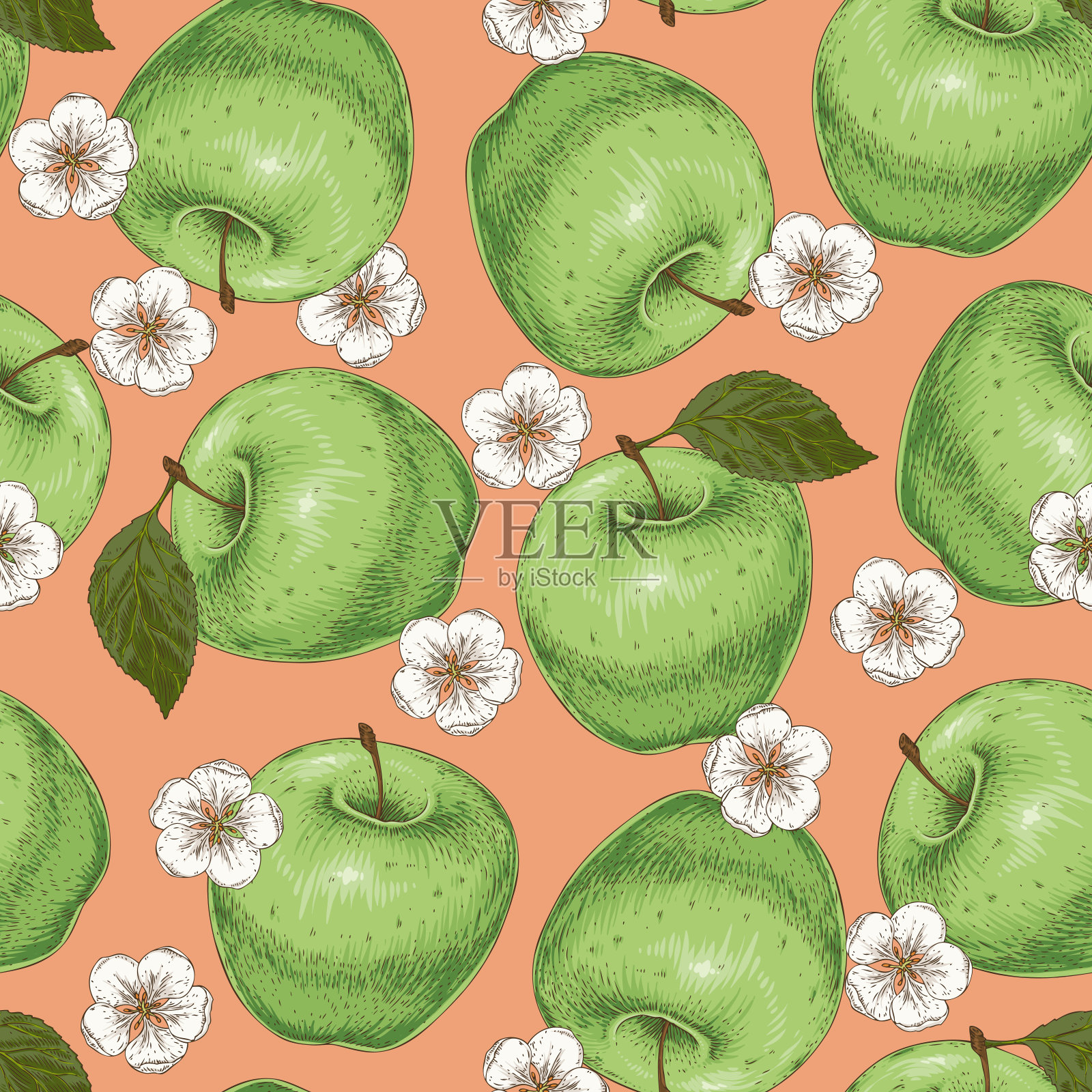 苹果和花的无缝图案插画图片素材