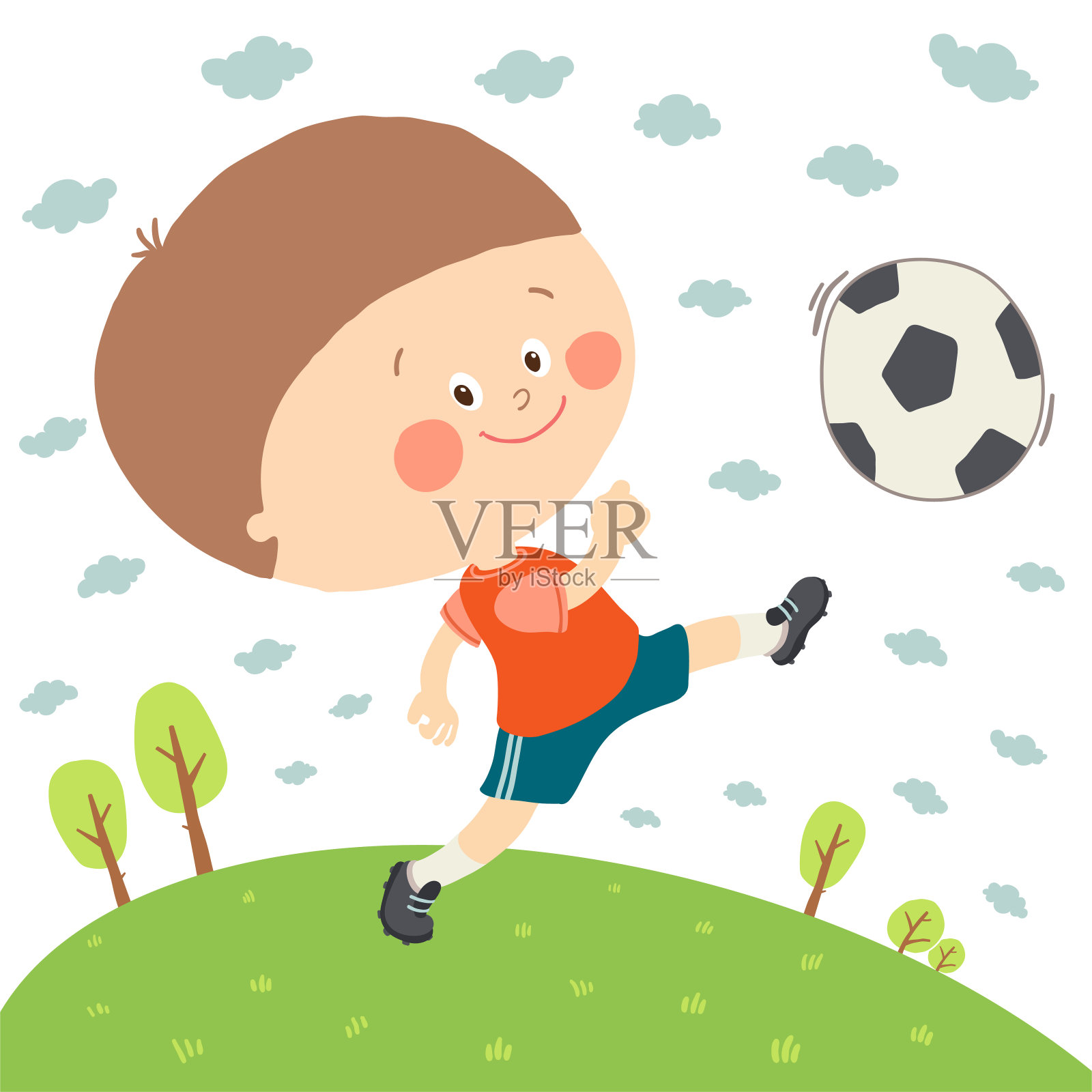 一个小男孩在绿野上踢足球。卡通矢量手绘插图孤立的白色背景。插画图片素材