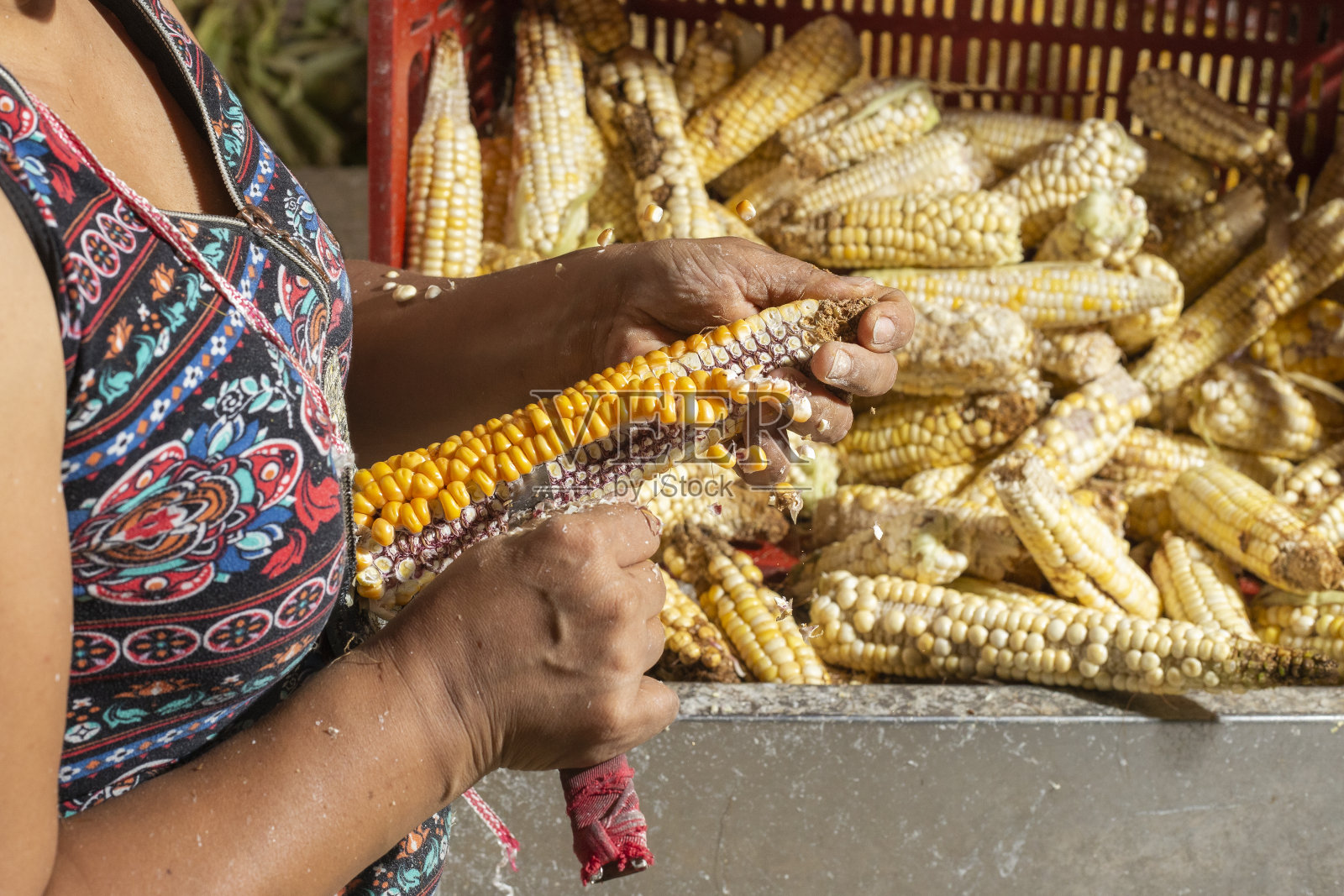 一个哥伦比亚女人在市场上剥玉米照片摄影图片